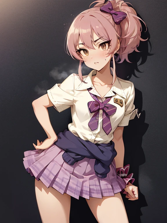 masterpiece, best quality, highres, aamika, ponytail, hair bow, collarbone, ,, bowtie, collared shirt, white shirt, sleeves rolled up, wrist scrunchie,, clothes around waist, plaid skirt, purple skirt, standing, cowboy shot, outdoors,(((lift skirt,panties,gyaru))),looking viewer