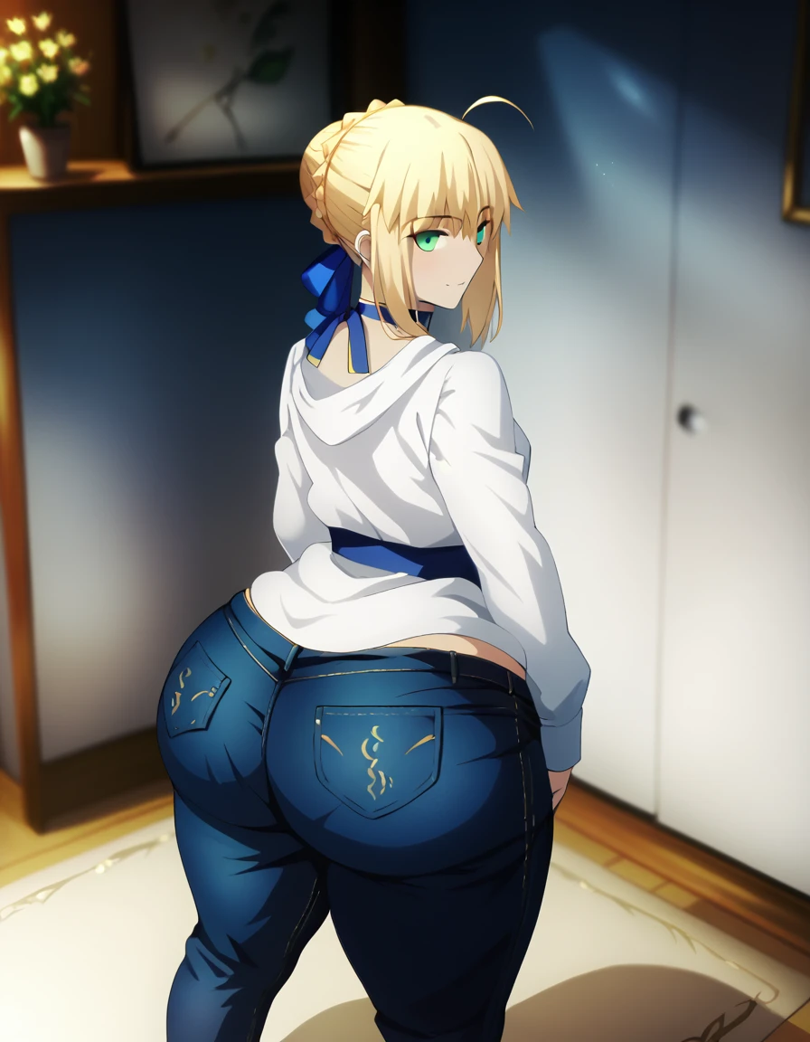 Highest quality, official art, official style, very aesthetic, score_8_up, score_9_up, score_7_up, High Resolution, 1 girl, artoria pendragon, artoria pendragon \(fate\), saber, blonde hair, green eyes, ahoge, sidelocks, hair bun, single hair bun, braid, dress, ribbon, blush, nsfw, black hoodie, white shirt, jeans, choker, cat ears, cat tail, ❤, light blush, butt focus, ass, ass focus, fat ass, bbw ass, bottomheavy, big ass, huge ass, gigantic ass, pull down pants, pull down jeans, seductive smile, bedroom eyes, seductive