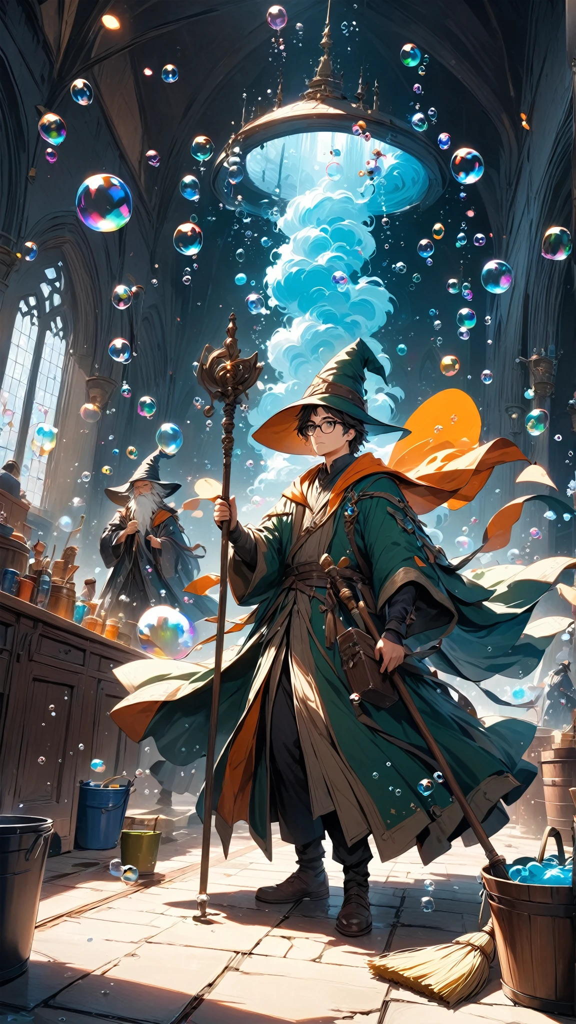 score_9, score_8_up, score_7_up, score_6_up, masterpiece, best quality, 4k, high res, 1boy, extreme wide shot, a wizard cleaning, wizard \(boy, glasses, robe, wand, pointy hat, determined, sweating\), (bubble:1.5), water bucket, foam, floating mop, floating duster, floating broom,