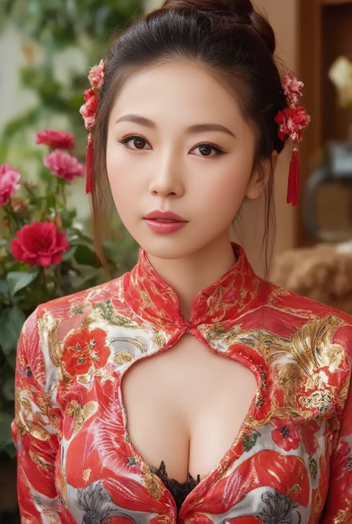 ，pubic hair，young Asian woman,Chinese woman,Wearing a traditional Chinese wedding dress, full body，nipple