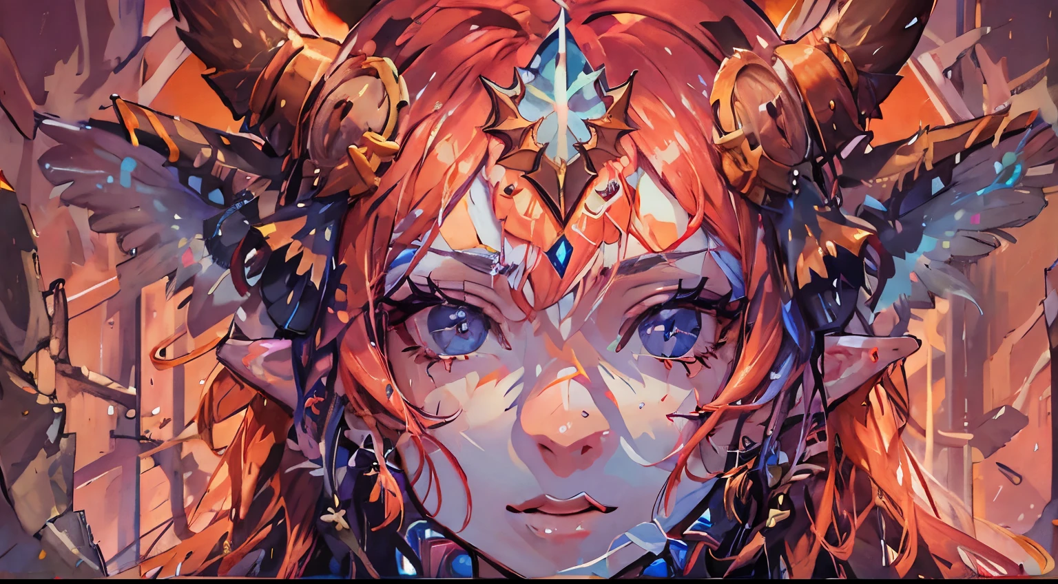 (((Masterpiece))), (((Best Quality: 1.4))), ((Super Detail: 1.4)) , hyper detailed gouache painting of a female Tiefling, gorgeous exotic features, amber neon eyes:1.5,  orange hair, hyper detailed face features, expressivo face, detailed textures, blue skintone, tattoos, natural skin shader, volumetrics, warm undertones under her skin, ultra High resolution