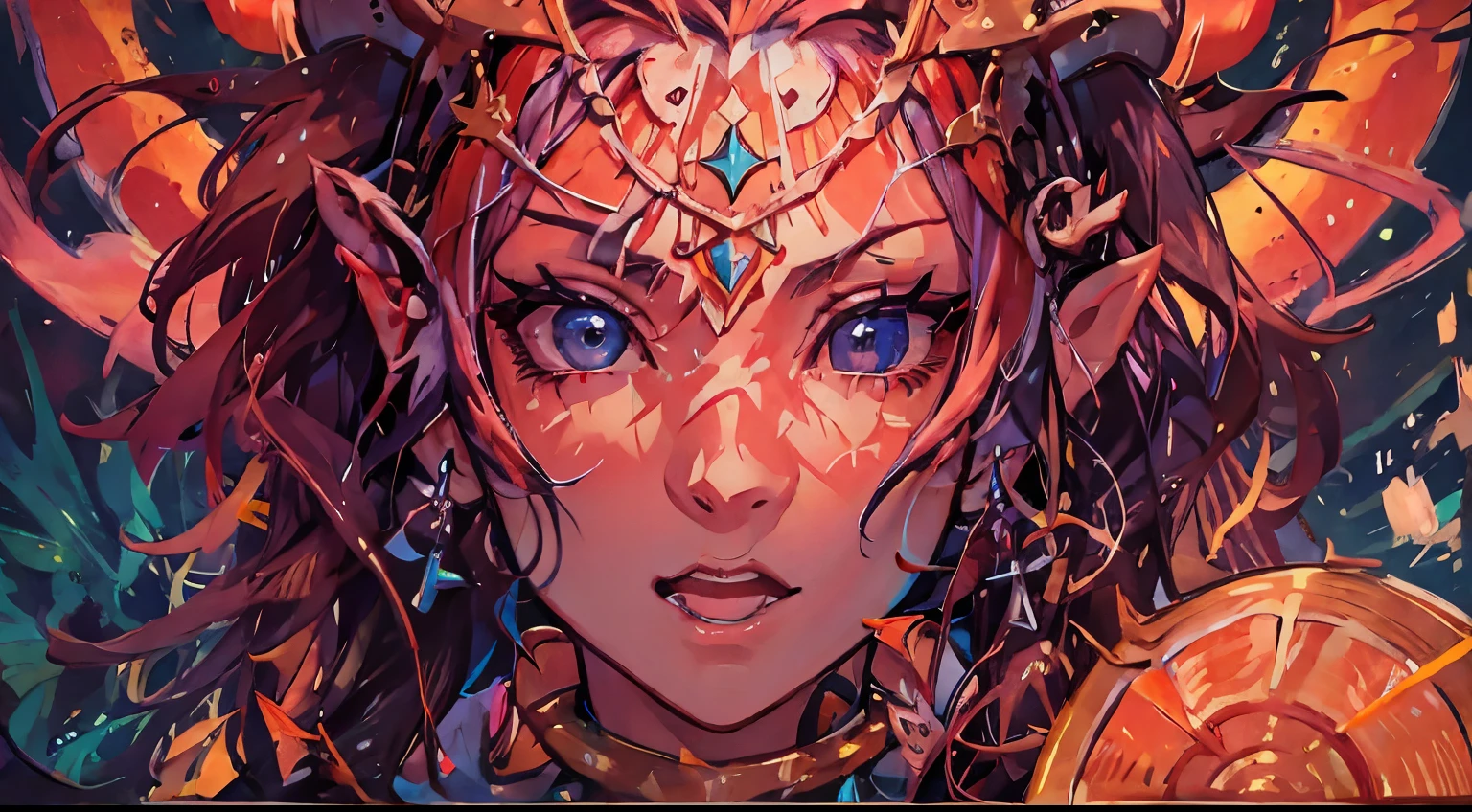 (((Masterpiece))), (((Best Quality: 1.4))), ((Super Detail: 1.4)) , hyper detailed gouache painting of a female Tiefling, gorgeous exotic features, amber neon eyes:1.5,  orange hair, hyper detailed face features, expressivo face, detailed textures, blue skintone, tattoos, natural skin shader, volumetrics, warm undertones under her skin, ultra High resolution