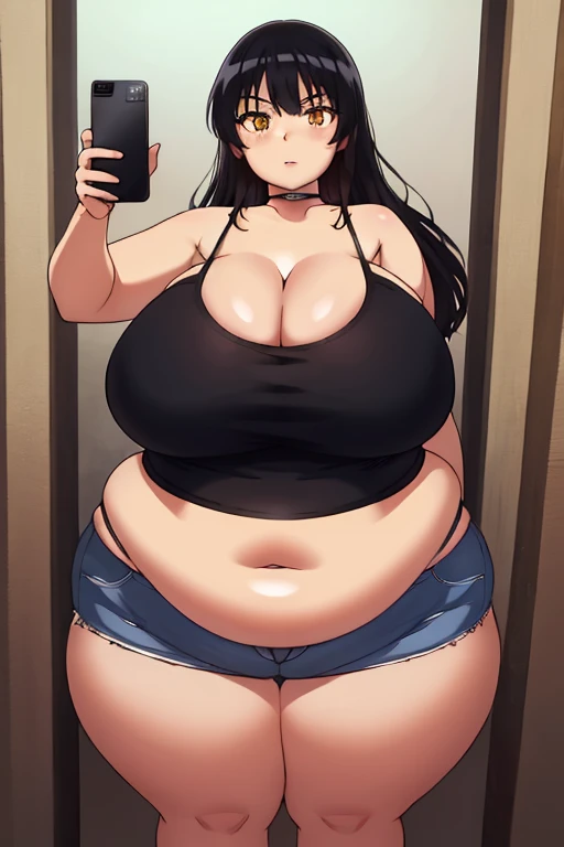 Long losse Black hair, eyelashes, small tight shorts, rock Band shirt, sexy fat girl, chubby belly, 2girls, pale, sexy, shy face, wide thighs, big breasts, Black bra, belly fat, big Belly, Black lipstick, fat ass, playing with her belly, one girl grabing the other girl fat belly