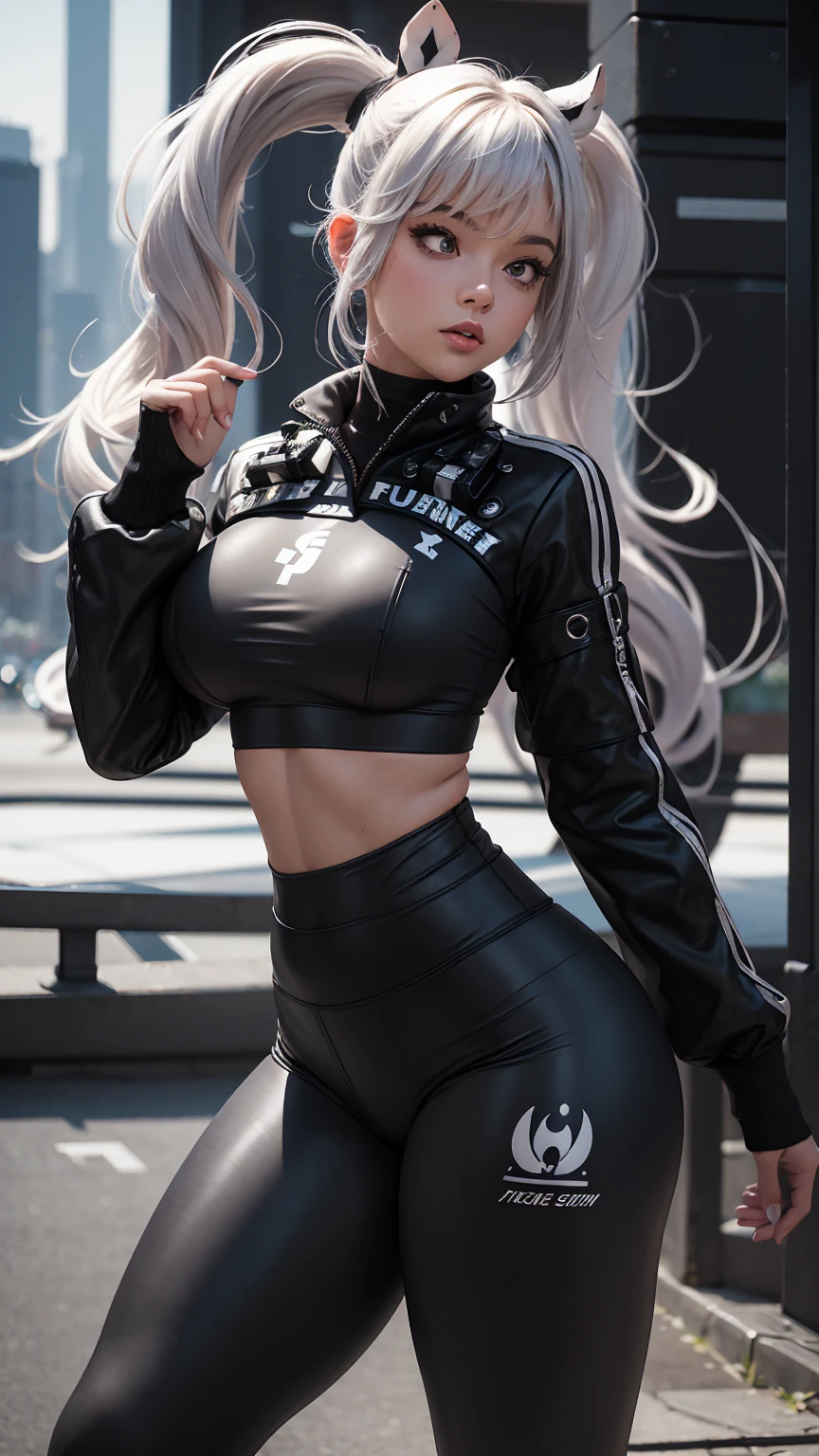 Beautiful white hair woman is shown to have a tiny figure, she is wearing a sexy crop hoddie and leggings, twin tails, serious look, green eyes, elf ears, girl walking down a neighborhood,sexy session, sexy pose, cowboy shot, superior quality, many details, realistic