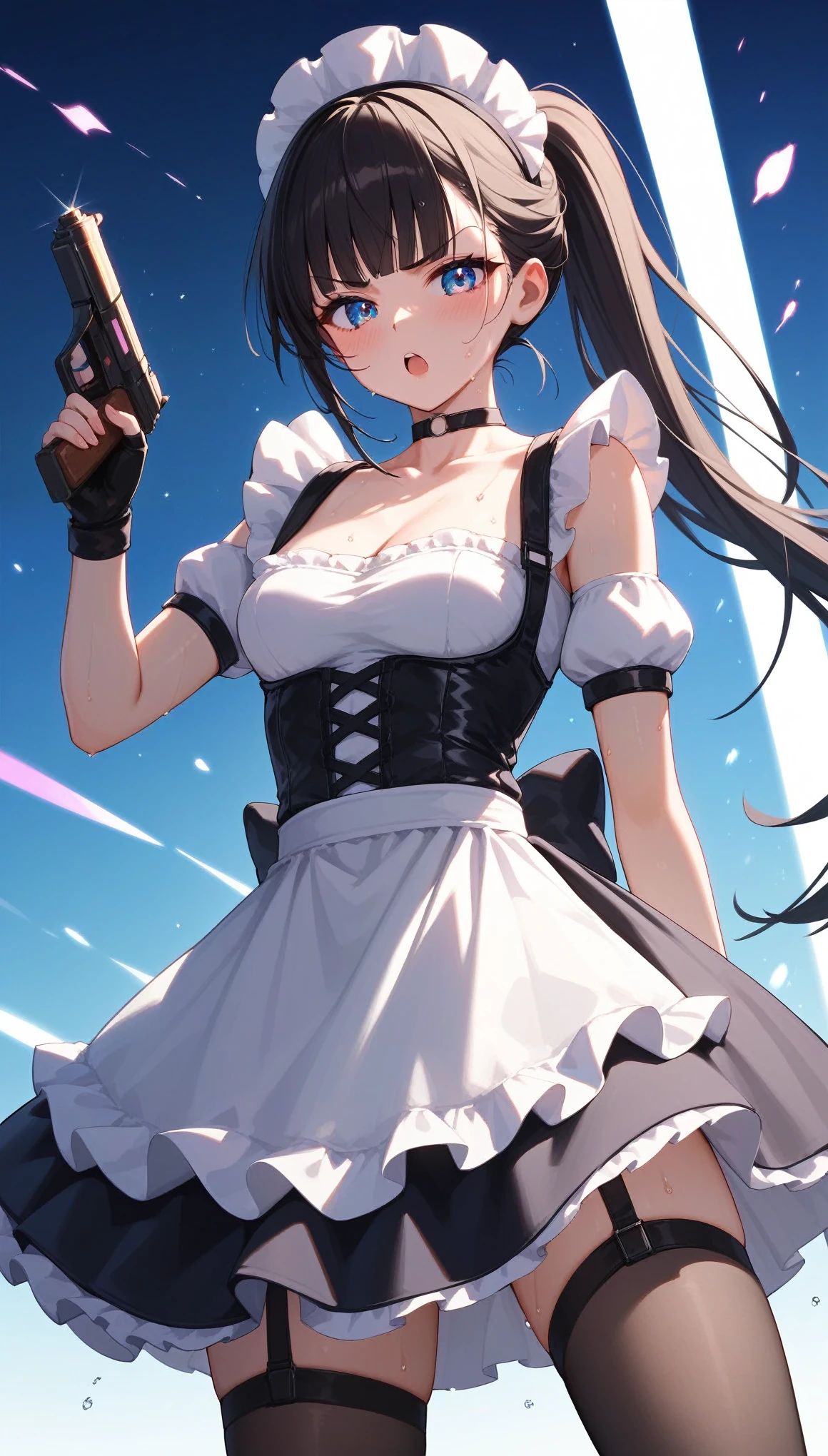 cowboy shot,1girl solo,action , ｛{{Black flared skirt with white apron:1.6}}}, shooting stance,Woman holding a small gun,small　taser gun,slim Female fighter ,maid outfit, collarbone, beautiful thighs．{{white puff sleeves:1.4}}, {{White short-sleeved puff-sleeved blouse:1.6}},black shoulder straps, black corset,Slim body,Slim　thighs ,blunt bangs, black choker. Dynamic composition,dutch angle,{{fight}},{{masterpiece}}, {{{Highest quality}}},{{Very detailed}},holster　,Fight,,{{v-shaped eyebrows}},Bad mood,blush,Sweat,raise one's eyebrows　,Black hair Long hair,Blunt bangs　,cyberpunk,hand　,Black fingerless gloves,　,White frilled apron,ponytail,Training area,Indoor