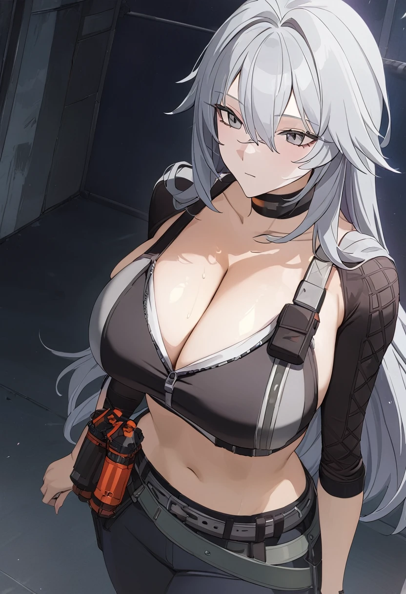 sovetsky_Soyuz, grey hair, long hair, midriff, choker, webbed belt, tactical, pouches, Cleavage, large breasts, first rate breasts, grey eyes, sharp eyes, Long eyelashes, eye shadow, ominous vibe, expressionless, stoic, relaxing, Ultra quality, UHD, high detail, anime aesthetic, Anime screenshot, Ultra quality, UHD, high detail, garage