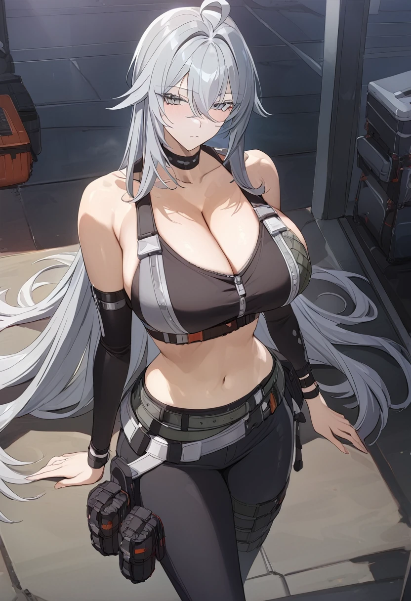 sovetsky_Soyuz, grey hair, long hair, midriff, choker, webbed belt, tactical, pouches, Cleavage, large breasts, first rate breasts, grey eyes, sharp eyes, Long eyelashes, eye shadow, ominous vibe, expressionless, stoic, relaxing, Ultra quality, UHD, high detail, anime aesthetic, Anime screenshot, Ultra quality, UHD, high detail, garage