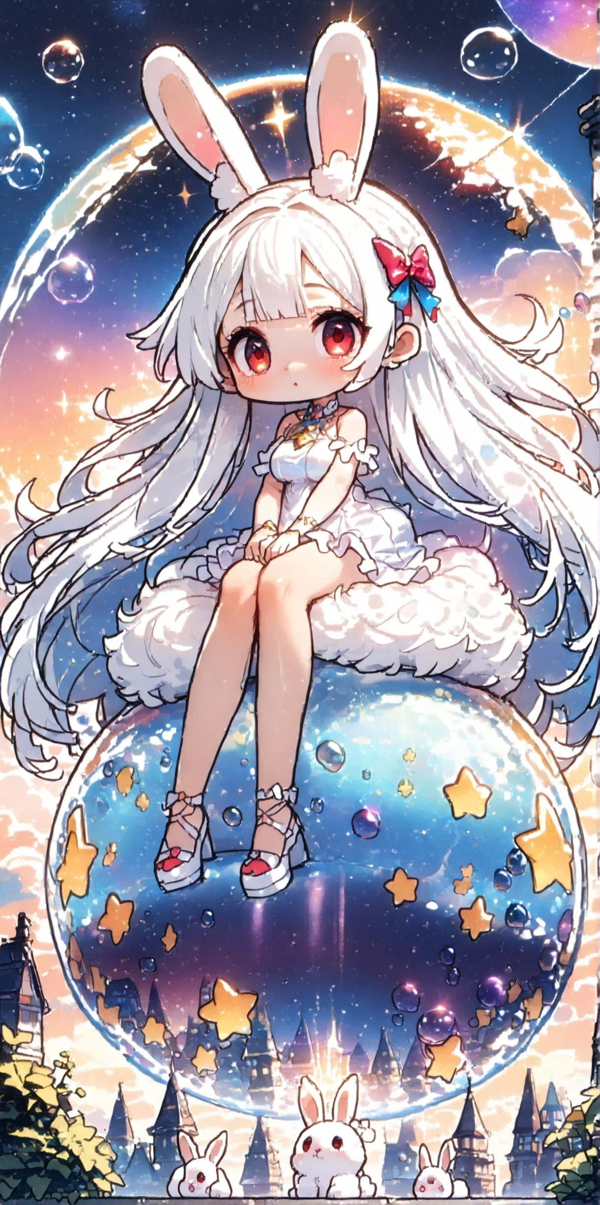 solo,1girl\((chibi:1.3),cute,kawaii,(white hair:1.7),(very long hair:1.7),bangs,(ear\(fluffy white bunny-ear\):1.4),(red eye),big eye,beautiful shiny eye,skin color white,big hairbow,(white frilled dress:1.3),breast,white rabbit tail at hip, (sit on (bubble:1.3)\(huge,gigantic,beautiful,shining in vivid cosmic color,(transparent:1.3),(float in sky:1.5)\):1.5) \). BREAK .background\(night sky,stars, calescent-moon\). BREAK .quality\(8k,wallpaper of extremely detailed CG unit, high resolution, top-quality, top-quality real texture skin, hyper realistic, increase the resolution, RAW photos, best quality, highly detailed, the wallpaper, golden ratio, high saturation realism, vibrant colors, dramatic lighting, persuasive storytelling, atmospheric scenery, captivating visuals, intricate details, strong emotions, dreamlike world\),(from below),(longshot:1.3),(dynamic angle:1.2),landscape