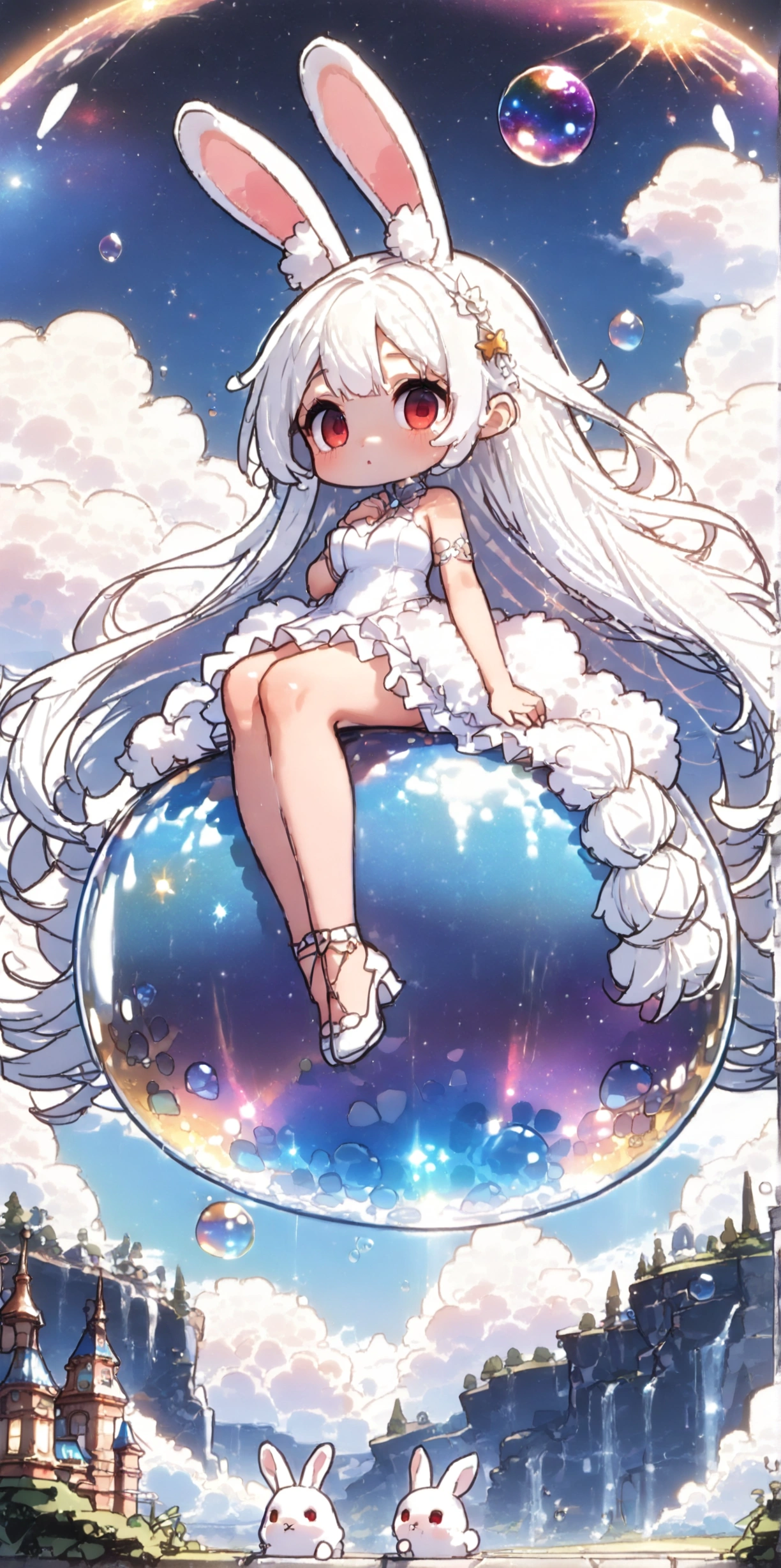 solo,1girl\((chibi:1.3),cute,kawaii,(white hair:1.7),(very long hair:1.7),bangs,(ear\(fluffy white bunny-ear\):1.4),(red eye),big eye,beautiful shiny eye,skin color white,big hairbow,(white frilled dress:1.3),breast,white rabbit tail at hip, (sit on (bubble:1.3)\(huge,gigantic,beautiful,shining in vivid cosmic color,(transparent:1.3),(float in sky:1.5)\):1.5) \). BREAK .background\(night sky,stars, calescent-moon\). BREAK .quality\(8k,wallpaper of extremely detailed CG unit, high resolution, top-quality, top-quality real texture skin, hyper realistic, increase the resolution, RAW photos, best quality, highly detailed, the wallpaper, golden ratio, high saturation realism, vibrant colors, dramatic lighting, persuasive storytelling, atmospheric scenery, captivating visuals, intricate details, strong emotions, dreamlike world\),(from below),(longshot:1.3),(dynamic angle:1.2),landscape