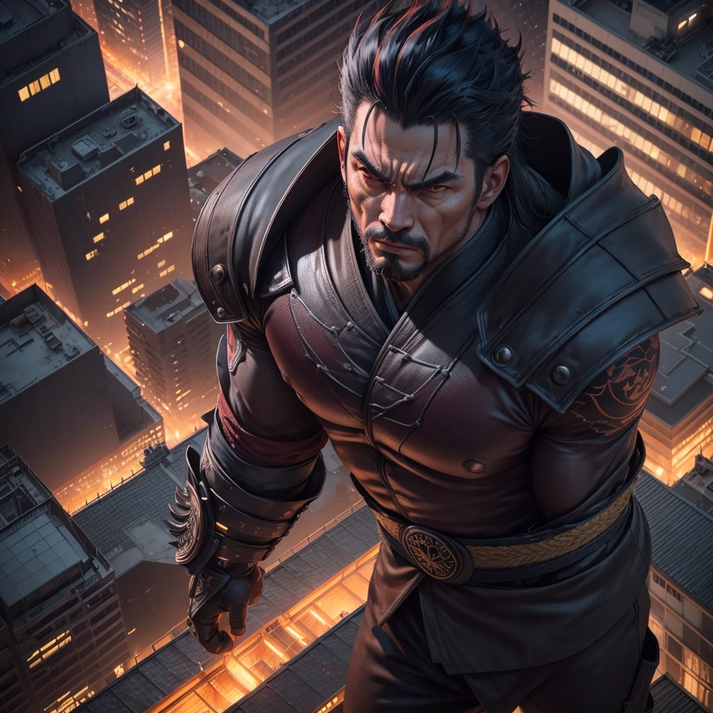 A highly detailed, badass portrait of Takakura Ken, standing on top of a building at night, comic book style, cinematic lighting, hyper-realistic, 8k, masterpiece, photorealistic, sharp focus, physically-based rendering, extreme detail description, vivid colors, dramatic lighting, moody atmosphere