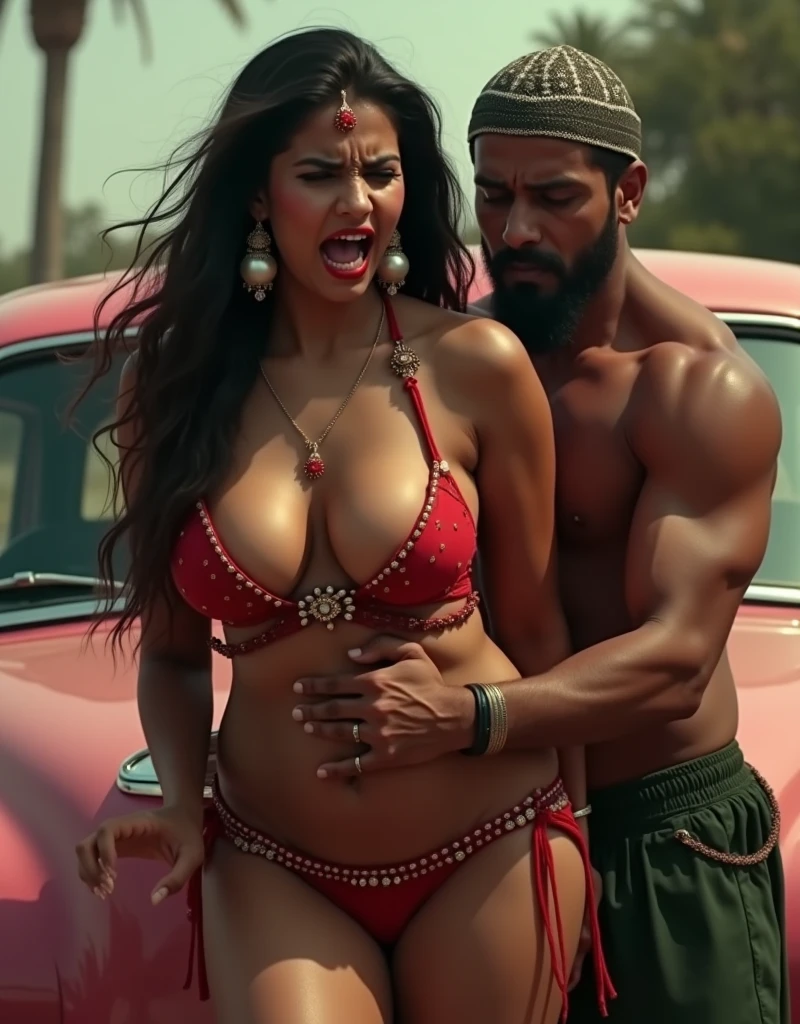 A fat indian man kissing a short huge booty latina in a very tight revealing thong in a Mexican store with a man watching in the corner