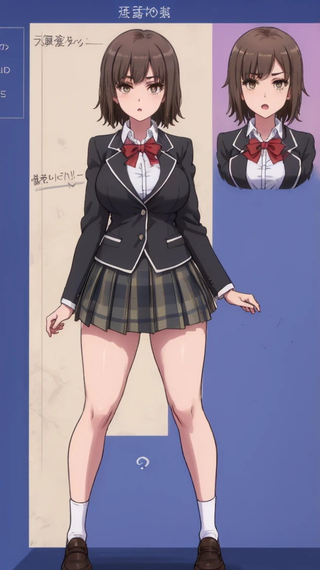 girl, solo, full body, from head to toe, standing, (Huge_Breasts:1.3), (short_skirt:1.2), mini skirt, (very short_skirt:1.2)

Character Design Sheet, character reference sheet, character turn around,

hina ebina, short hair, brown hair, black hair, (brown eyes:1.5), glasses,

skirt, ribbon, school uniform, jacket, black jacket, plaid, plaid skirt, blazer, sobu high school uniform,