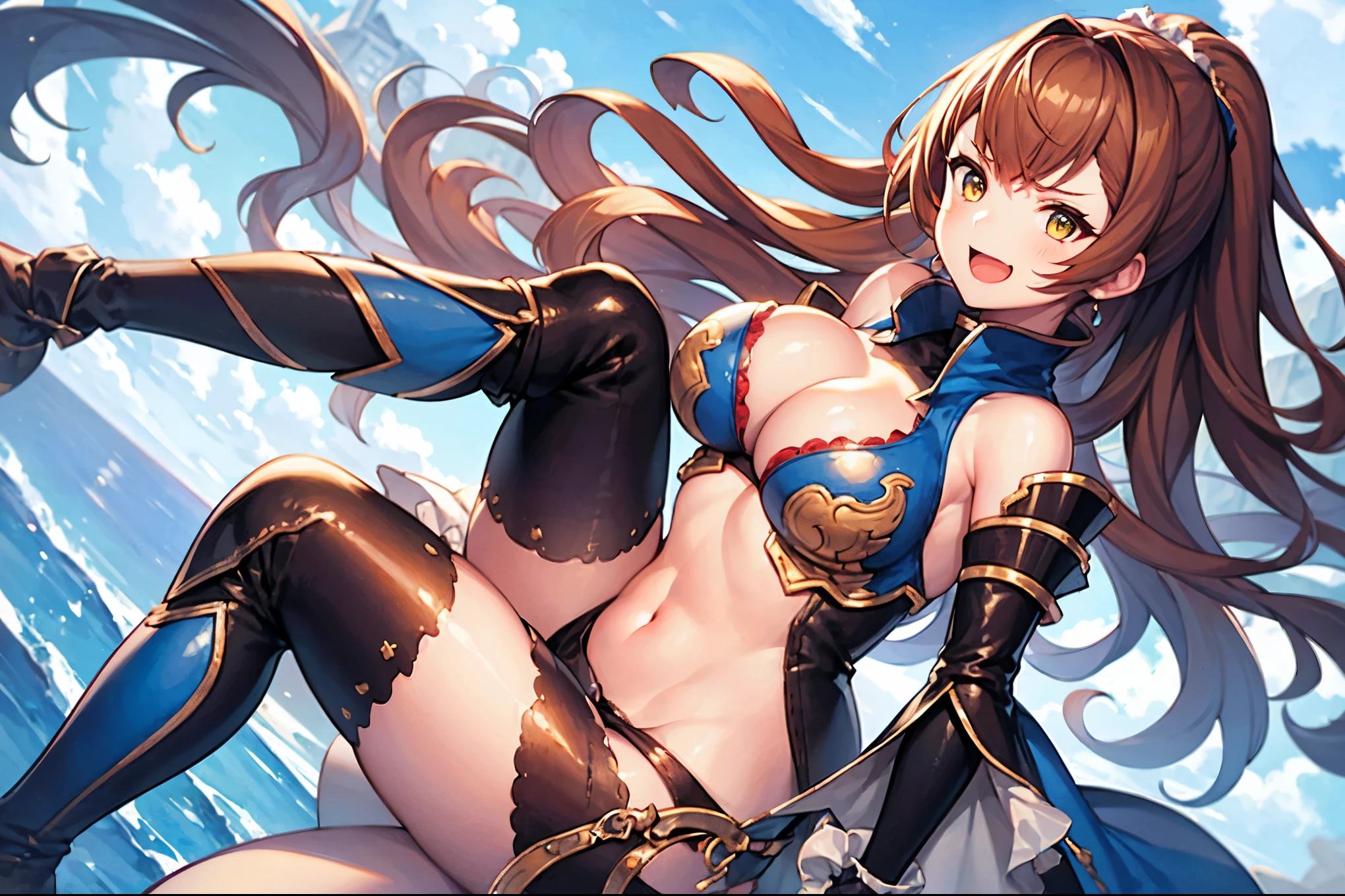 best quality, integrated scenery, integrated background, extremely delicate and beautiful, meticulous details, good composition, , cute face, perfect face, perfect hands,best quality, 1teen_girl,def,beatrix, ponytail, hair ribbon, gauntlets, blue shirt, gloves, cleavage cutout, looking at viewer, big_smile, large breasts, sky_landscape_background , old_townscape ,happy,(covered_nipples:0.7),young_,full_of_beans,,laugh,open_mouth,thigh-highs, glower,open_legs,rise_knee,(angry:0.8),short_shorts,crotch,(abs:0.8), trying_to_hug,pov,rise_arms,