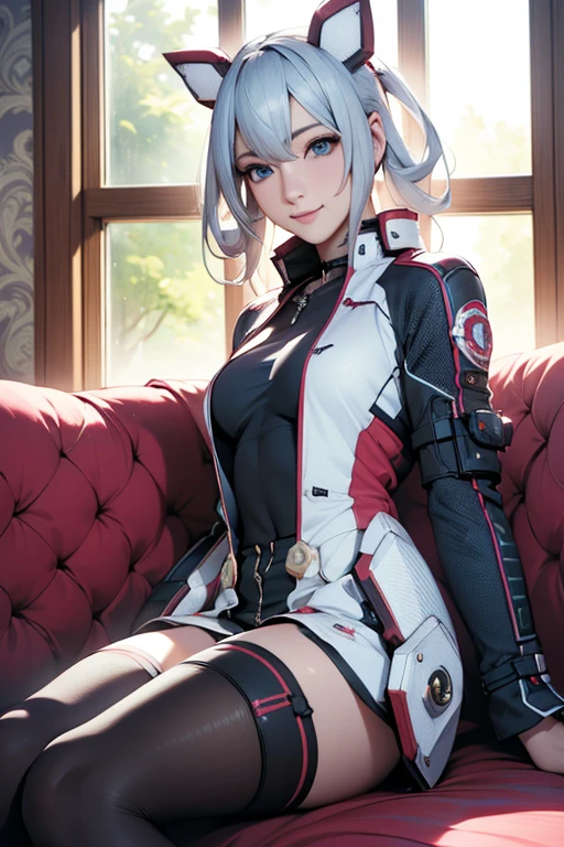 (Ultra Realistic), (High Resolution), (8K), (Very Detailed), (Beautiful Detailed Eyes), (Best Quality), (Ultra Detailed), (Masterpiece), (Wallpaper), (Detailed Face), (photo realistic) , perfect anatomy, 1girl, solo, MatoiBase, thighhighs, smile, sitting, couch, spaceship, window, space, 