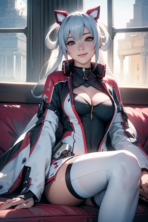 (Ultra Realistic), (High Resolution), (8K), (Very Detailed), (Beautiful Detailed Eyes), (Best Quality), (Ultra Detailed), (Masterpiece), (Wallpaper), (Detailed Face), (photo realistic) , perfect anatomy, 1girl, solo, MatoiBase, thighhighs, smile, sitting, couch, spaceship, window, space, 