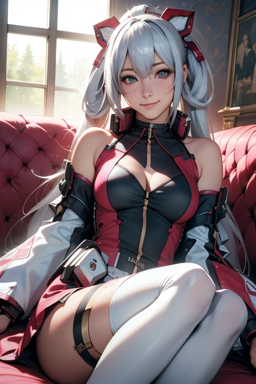 (Ultra Realistic), (High Resolution), (8K), (Very Detailed), (Beautiful Detailed Eyes), (Best Quality), (Ultra Detailed), (Masterpiece), (Wallpaper), (Detailed Face), (photo realistic) , perfect anatomy, 1girl, solo, MatoiBase, thighhighs, smile, sitting, couch, spaceship, window, space, 