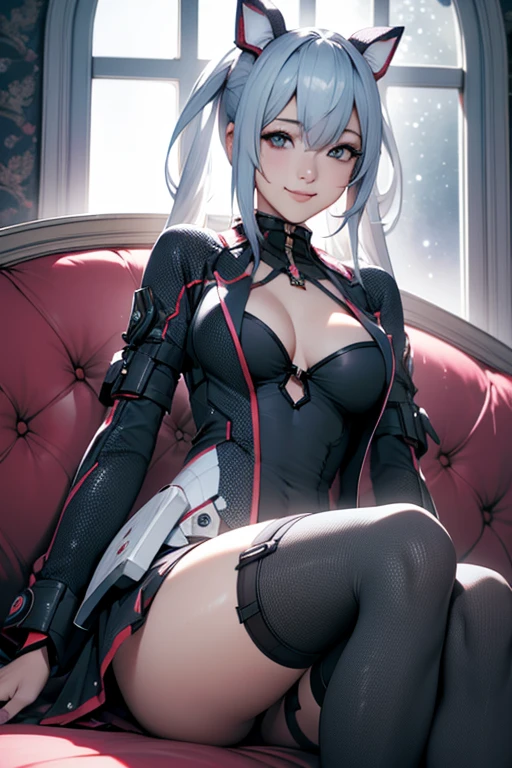 (Ultra Realistic), (High Resolution), (8K), (Very Detailed), (Beautiful Detailed Eyes), (Best Quality), (Ultra Detailed), (Masterpiece), (Wallpaper), (Detailed Face), (photo realistic) , perfect anatomy, 1girl, solo, MatoiBase, thighhighs, smile, sitting, couch, spaceship, window, space, 