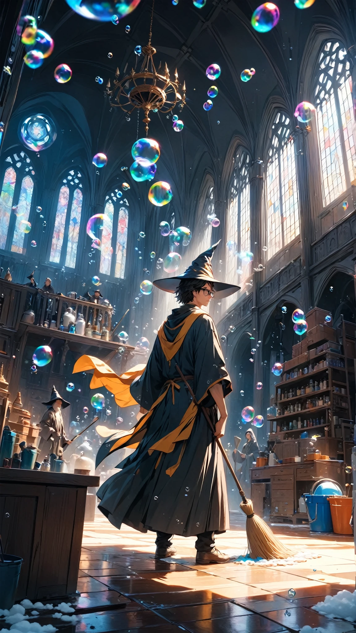 score_9, score_8_up, score_7_up, score_6_up, masterpiece, best quality, 4k, high res, 1boy, solo, extreme wide shot, a wizard cleaning, wizard \(boy, glasses, robe, wand, pointy hat, determined, sweating\), (bubble:1.5), water bucket, foam, floating mop, floating duster, floating broom,