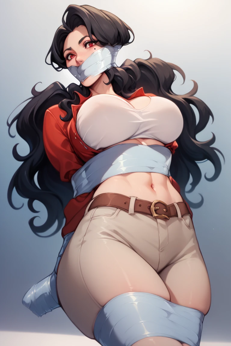 A woman ,she has long, wavy black hair, red eyes and a mole on the right below her lips. She's known for her curvaceous figure. She's known for her curvaceous figure, and her most distinctive feature is her very large breasts, which she hangs out of her clothes to reveal quite amply ,she's tied ,her arms are behind her back ,her chest and legs are tied too ,she have tape one her mouth tape gagged ,tape around her chest ,tape around her arms ,tape around her legs