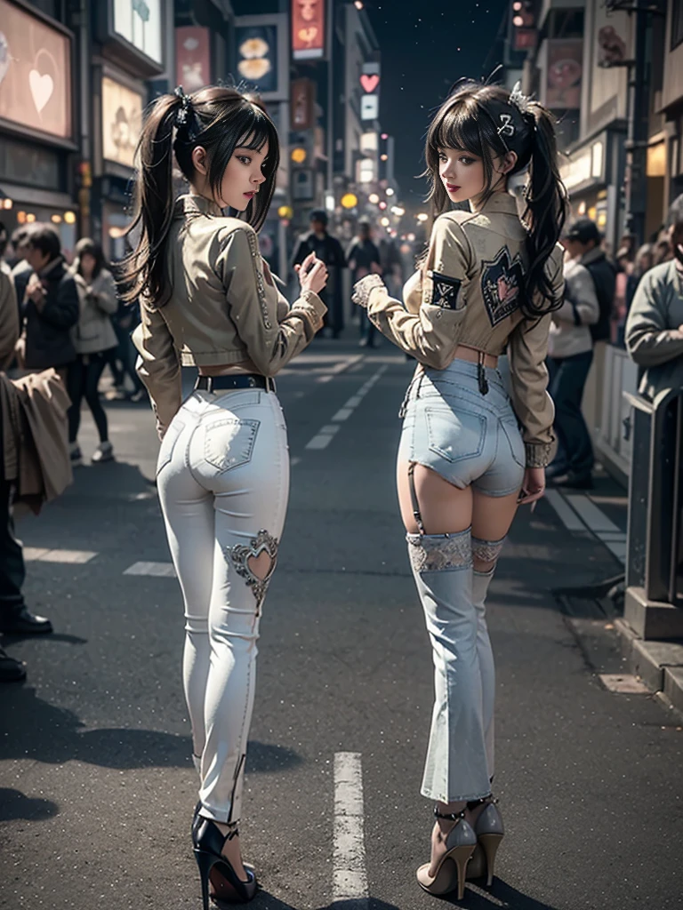 Two women are walking down the street wearing navy blue blazer uniforms, by 2 person, beautiful little ass, mini skirt, panties, underwear, (shiny light blue satin panties:1.3)、(shiny blue satin panties:1.3)、横紐レースpanties that cover the butt、Liar, knee socks, The wind is blowing up my skirt , think back, realistic,Angle from the back, Two-dimensional beautiful girl
