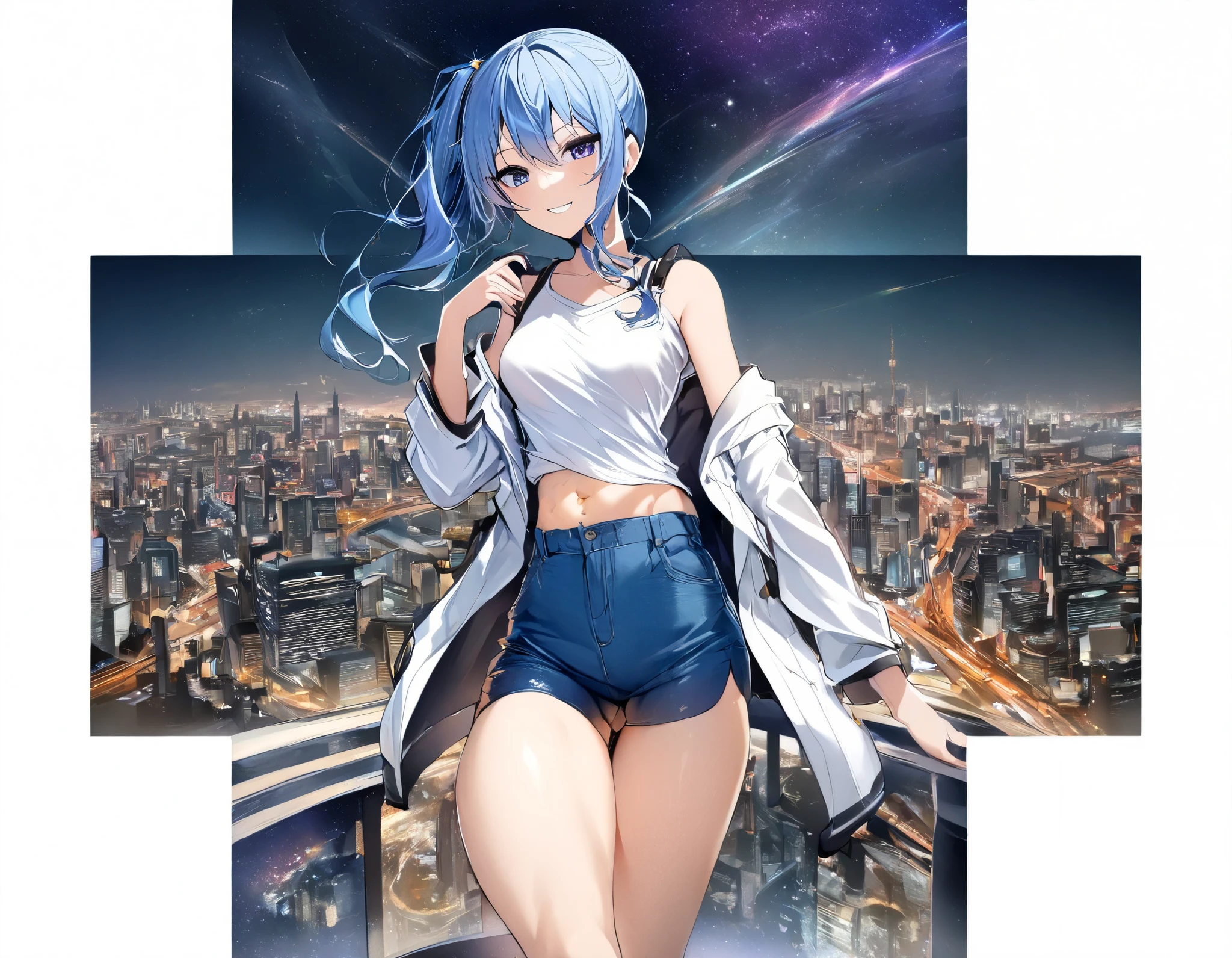 (8k、Best image quality、highest quality)、Detailed face、 1teen_girl、Blue Hair、Long Hair、sideponytail、dark_blue_eyes、smile,(peek_navel:0.7),(small_breasts:0.8),(White_T-shirt:1.3)、Off_shoulder、Black shoulder straps、(open_front_shorts,denim_short_shorts:1.2)、City Background, starry_sky_landscape ,hoshimachi suisei, (belly_button:1.2),nihil,solo,stargaze,slender,solo,boots,abs, tight_waist, point_to_sky,slender_thighs,knees