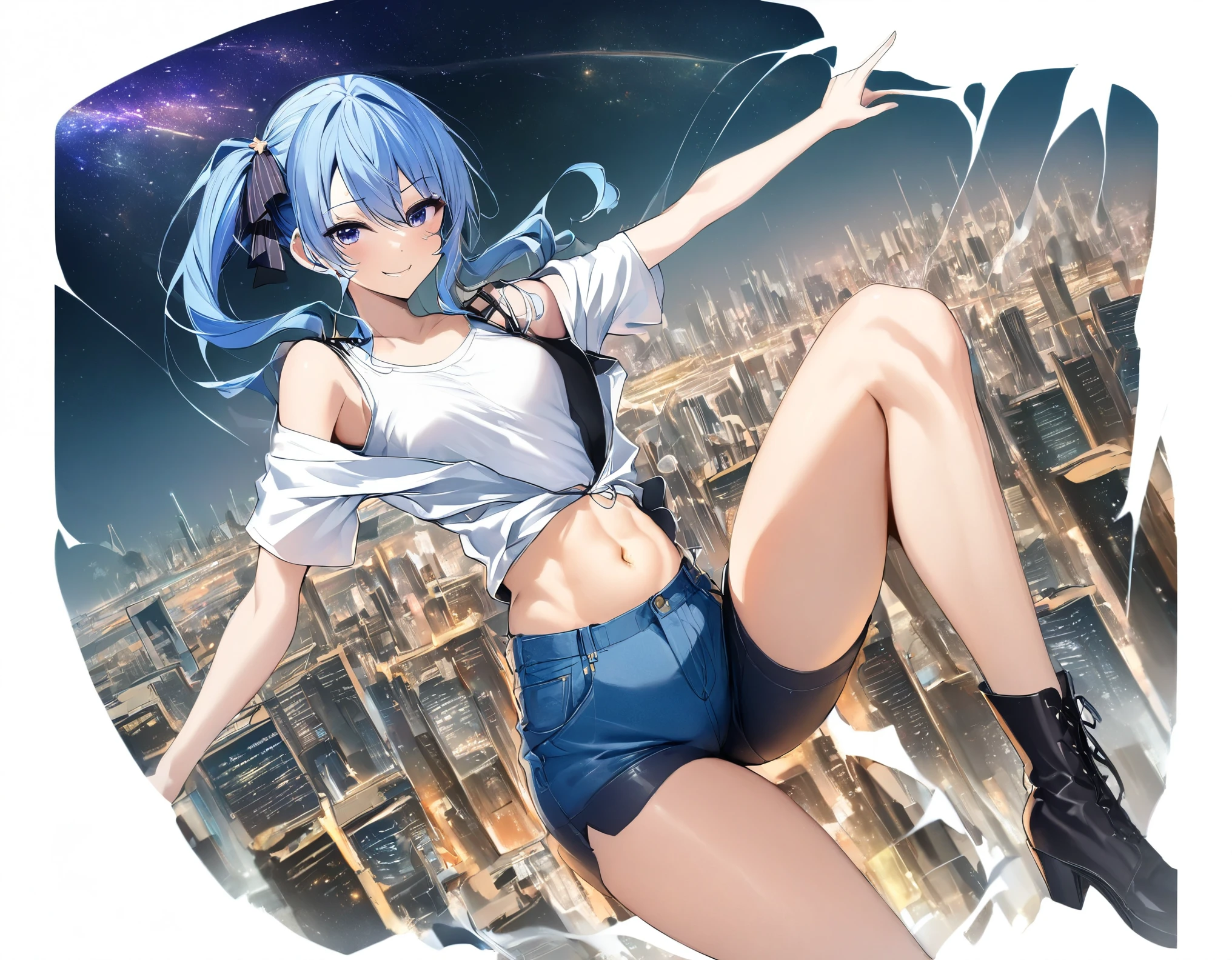 (8k、Best image quality、highest quality)、Detailed face、 1teen_girl、Blue Hair、Long Hair、sideponytail、dark_blue_eyes、smile,(peek_navel:0.7),(small_breasts:0.8),(White_T-shirt:1.3)、Off_shoulder、Black shoulder straps、(open_front_shorts,denim_short_shorts:1.2)、City Background, starry_sky_landscape ,hoshimachi suisei, (belly_button:1.2),nihil,solo,stargaze,slender,solo,boots,abs, tight_waist, point_to_sky,slender_thighs,knees