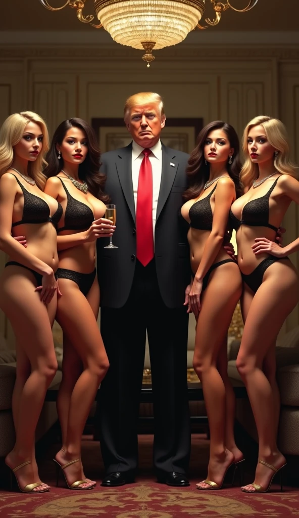 Donald Trump half naked with a couple of Russian bikini girls outside the White House which is at war