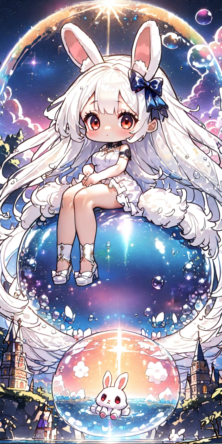 solo,1girl\((chibi:1.3),cute,kawaii,(white hair:1.7),(very long hair:1.7),bangs,(ear\(fluffy white bunny-ear\):1.4),(red eye),big eye,beautiful shiny eye,skin color white,big hairbow,(white frilled dress:1.3),breast,white rabbit tail at hip, (sit on (bubble:1.3)\(huge,gigantic,beautiful,shining in vivid cosmic color,(transparent:1.3),(float in sky:1.5)\):1.5) \). BREAK .background\(night sky,stars, calescent-moon\). BREAK .quality\(8k,wallpaper of extremely detailed CG unit, high resolution, top-quality, top-quality real texture skin, hyper realistic, increase the resolution, RAW photos, best quality, highly detailed, the wallpaper, golden ratio, high saturation realism, vibrant colors, dramatic lighting, persuasive storytelling, atmospheric scenery, captivating visuals, intricate details, strong emotions, dreamlike world\),(from below),(longshot:1.3),(dynamic angle:1.2),landscape