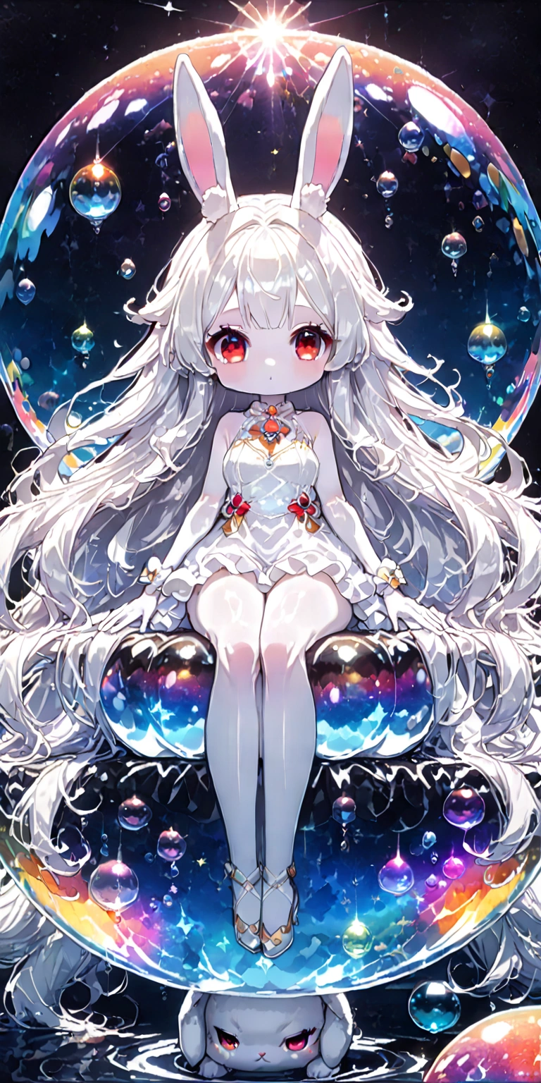 solo,1girl\((chibi:1.3),cute,kawaii,(white hair:1.7),(very long hair:1.7),bangs,(ear\(fluffy white bunny-ear\):1.4),(red eye),big eye,beautiful shiny eye,(white skin:1.4),big hairbow,(white dress:1.3),breast,white rabbit tail at hip, (sit on (bubble:1.3)\(huge,gigantic,beautiful,shining in vivid cosmic color,(transparent:1.3),(float in sky:1.4)\):1.5) \). BREAK .background\(night sky,stars, calescent-moon\). BREAK .quality\(8k,wallpaper of extremely detailed CG unit, high resolution, top-quality, top-quality real texture skin, hyper realistic, increase the resolution, RAW photos, best quality, highly detailed, the wallpaper, golden ratio, high saturation realism, vibrant colors, dramatic lighting, persuasive storytelling, atmospheric scenery, captivating visuals, intricate details, strong emotions, dreamlike world\),(from below),(longshot:1.3),(dynamic angle:1.2),landscape