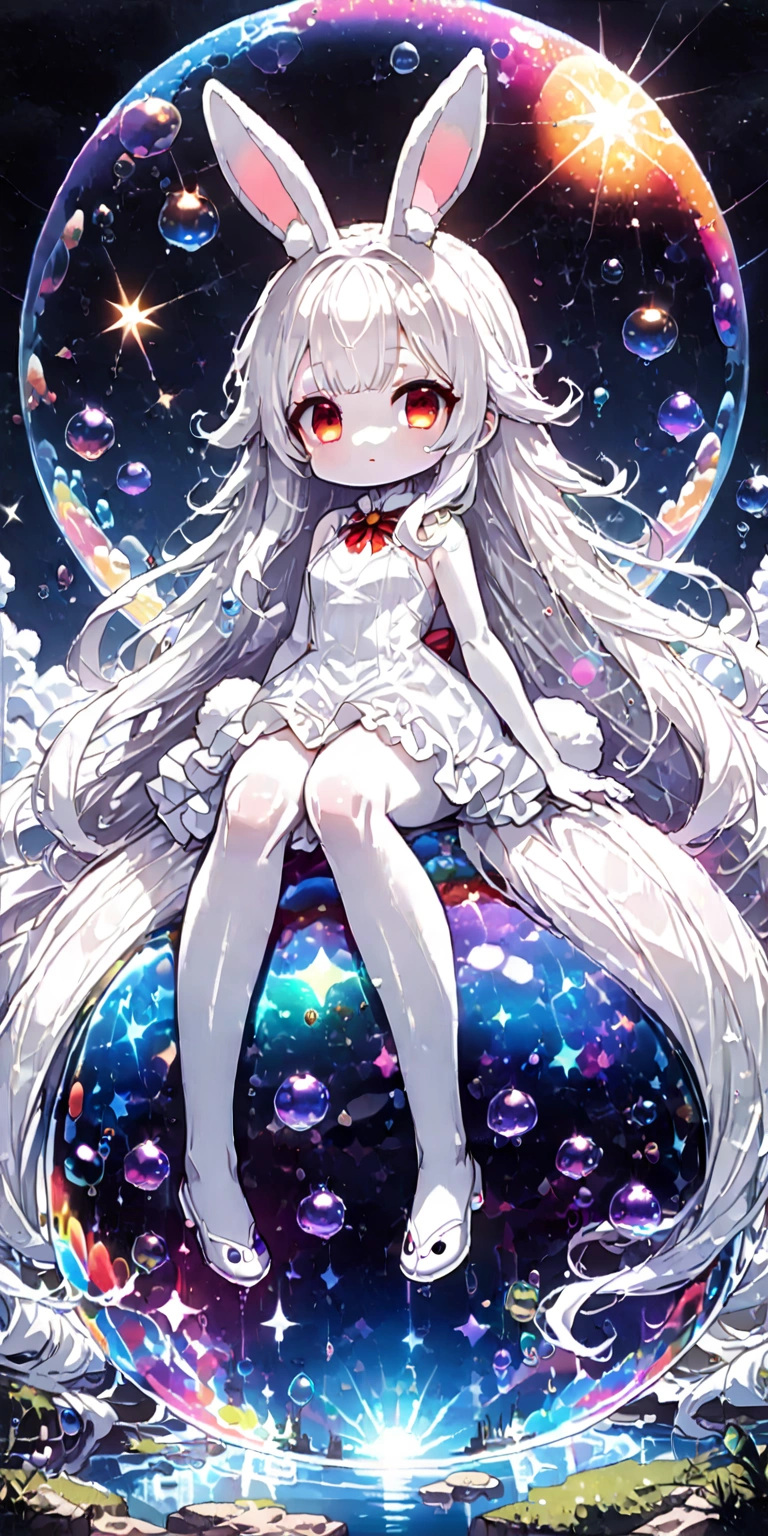 solo,1girl\((chibi:1.3),cute,kawaii,(white hair:1.7),(very long hair:1.7),bangs,(ear\(fluffy white bunny-ear\):1.4),(red eye),big eye,beautiful shiny eye,(white skin:1.4),big hairbow,(white dress:1.3),breast,white rabbit tail at hip, (sit on (bubble:1.3)\(huge,gigantic,beautiful,shining in vivid cosmic color,(transparent:1.3),(float in sky:1.4)\):1.5) \). BREAK .background\(night sky,stars, calescent-moon\). BREAK .quality\(8k,wallpaper of extremely detailed CG unit, high resolution, top-quality, top-quality real texture skin, hyper realistic, increase the resolution, RAW photos, best quality, highly detailed, the wallpaper, golden ratio, high saturation realism, vibrant colors, dramatic lighting, persuasive storytelling, atmospheric scenery, captivating visuals, intricate details, strong emotions, dreamlike world\),(from below),(longshot:1.3),(dynamic angle:1.2),landscape