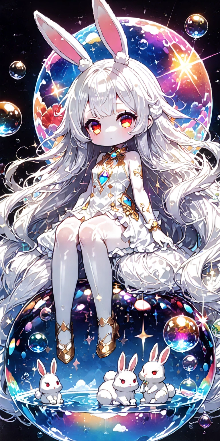 solo,1girl\((chibi:1.3),cute,kawaii,(white hair:1.7),(very long hair:1.7),bangs,(ear\(fluffy white bunny-ear\):1.4),(red eye),big eye,beautiful shiny eye,(white skin:1.4),big hairbow,(white dress:1.3),breast,white rabbit tail at hip, (sit on (bubble:1.3)\(huge,gigantic,beautiful,shining in vivid cosmic color,(transparent:1.3),(float in sky:1.4)\):1.5) \). BREAK .background\(night sky,stars, calescent-moon\). BREAK .quality\(8k,wallpaper of extremely detailed CG unit, high resolution, top-quality, top-quality real texture skin, hyper realistic, increase the resolution, RAW photos, best quality, highly detailed, the wallpaper, golden ratio, high saturation realism, vibrant colors, dramatic lighting, persuasive storytelling, atmospheric scenery, captivating visuals, intricate details, strong emotions, dreamlike world\),(from below),(longshot:1.3),(dynamic angle:1.2),landscape