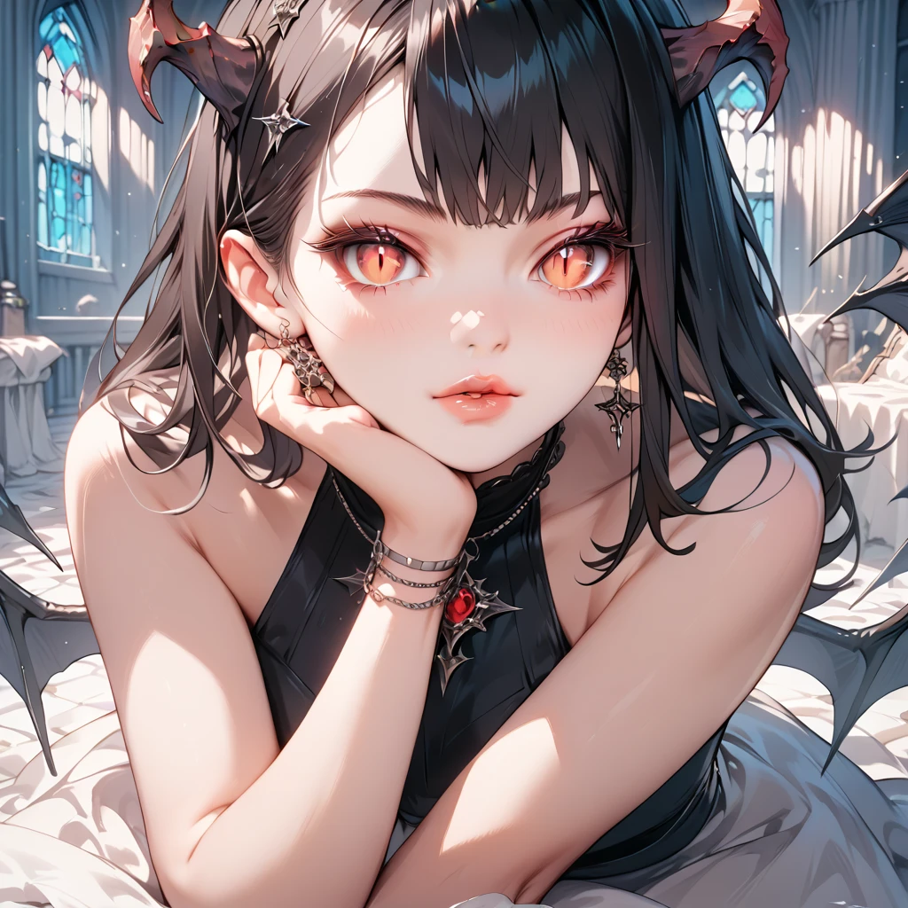 female cadres、Demon King、Enemy Characters、cool、Big Breasts、Black Hair、Long Hair、Hair tip perm、Horns growing、Devil horns、Pointy Ears、frontview、Full Shot
