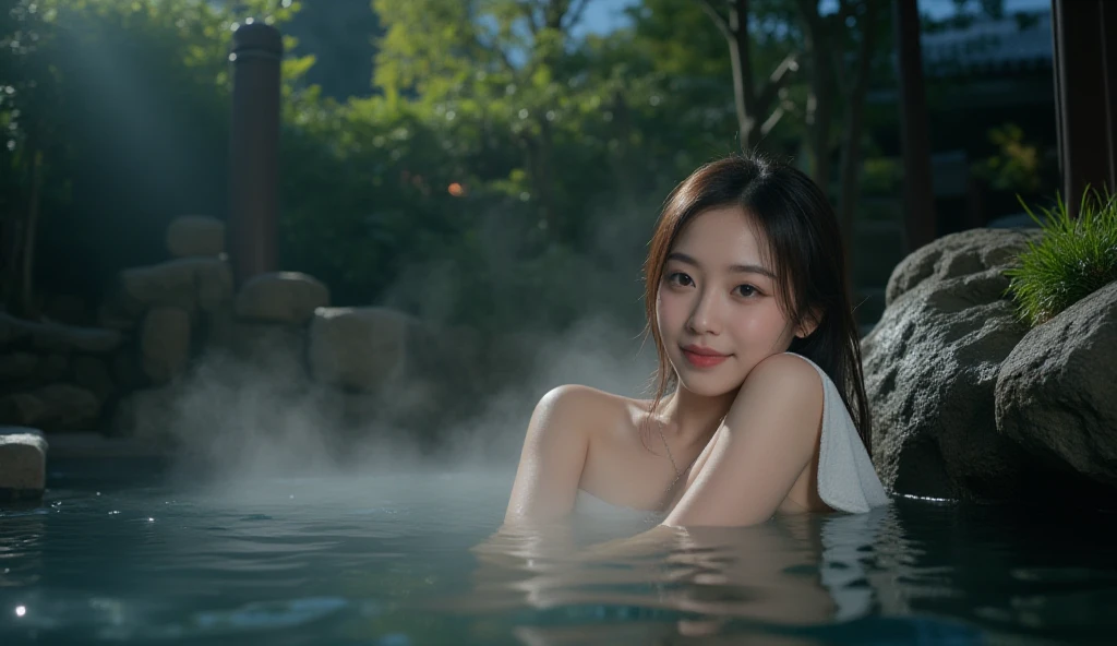 (night:1.7), oriental architecture, 1 woman, ((hot spring, onsen:1.4)), moist skin, ((fog:2.0)), (steam rising:1.8), glowing skin, glossy skin, ((partially submerged in hot spring:1.4)),a small white towel loosely covering the body. , perfect eyes,perfect face,looking at viewer,（smile：0.3），official artwork，Very detailed CG Unity 8k wallpaper、bright_front_face_lighting，（tmasterpiece:1.0），(best_quality :1.0),ultra high resolution,4k,detailed detail,high resolution of,8k,nffsw,high resolution,absurderes:1.2,kodak portra 400,film grain,lens flare glow,（beautiful_face:1.5），8k,raw footage,(outdoor bath drawn wider:1.4) ,(wet hair:1.3),((beautifully depicts depth and width:1.3)),((The outdoor bath is surrounded by a Japanese garden and large rocks, with only two small lights.:1.3)), ((smooth white skin: 1.3)), (((full body ))