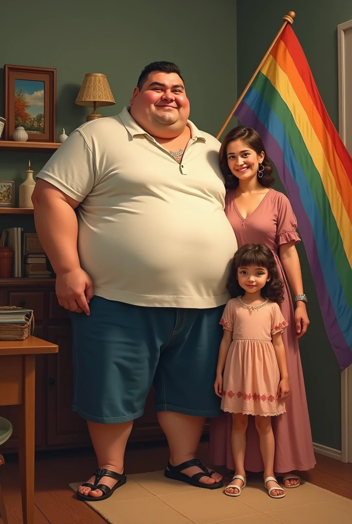 A pregnant little girl with a big chest, a fat man holding the little girl in his arms