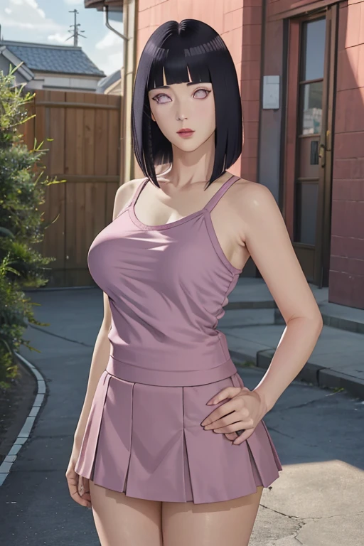 masterpiece, absurdres, hinata\(boruto\), 1girl, solo,mature female, high waist short skirt, looking at viewer, perfect composition, detailed lips, big breast, beautiful face, body propotion, blush, (pink lips), long hair, purple eyes, soft gaze, super realistic, detailed, photoshoot, realistic face and body,