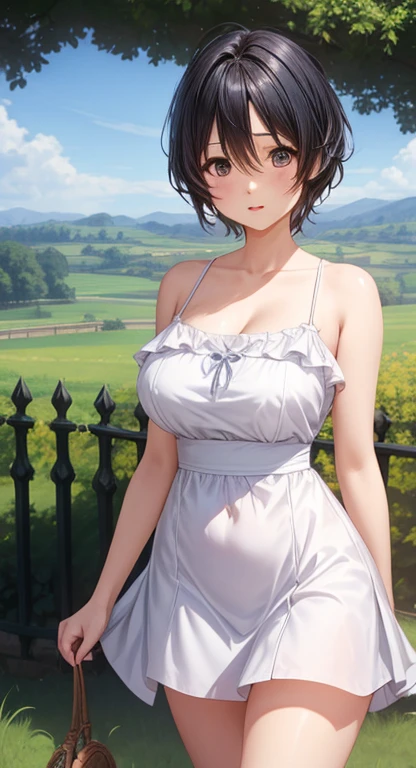 Big Breasts:1.2、、  best quality 、 Very detailed、Highly realistic eye masterpiece、  best quality 、 Very detailed、Blue-black hair、 perfect face、 short hair 、 slim figure、 white dress、sundress、countryside