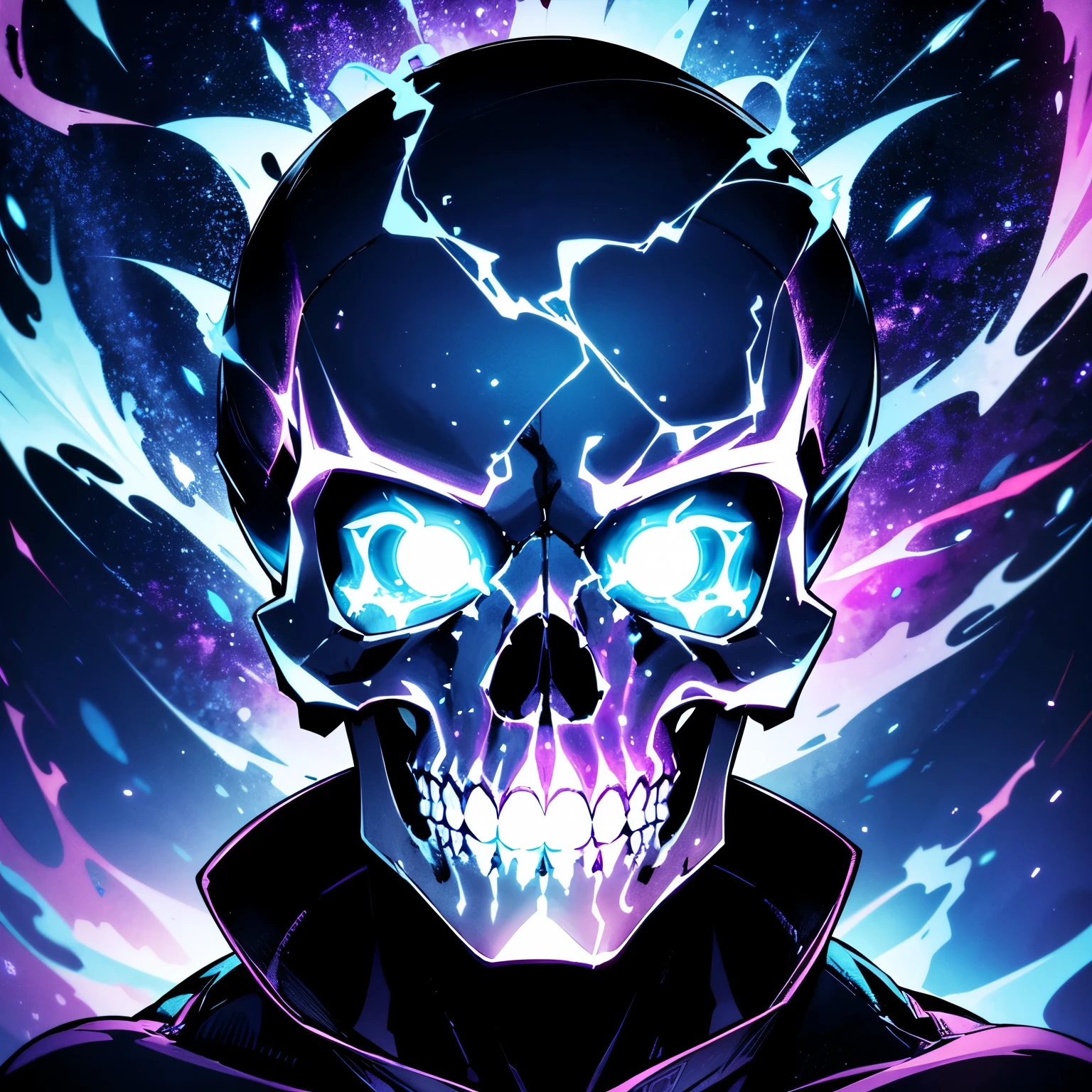 a flaming grim reaper and ice grey eyes in a lightning clouds in the style of vaporwave colors, devouring happiness and souls, <lora:sdxl_lightning_8step_lora.safetensors:1>