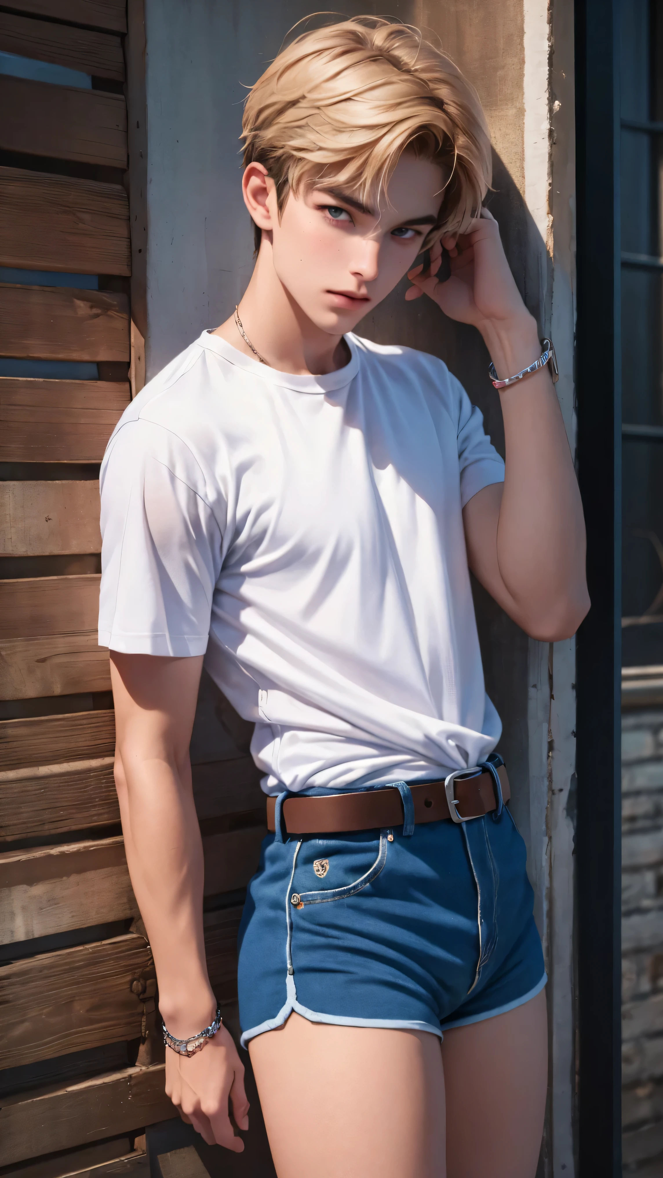 Handsome boy model , European facial features, femboy hot model, cute guy, tanned, blond, bangs, cute features, fragile slender build, boy wears a tied t-shirt with short sleeves and very short women's mini shorts with a belt, the shorts are small and expose the legs completely, the boy's legs are long slender and very tanned, flirty boy, flirting poses, bracelets, hot summer, highest quality, hyperrealism