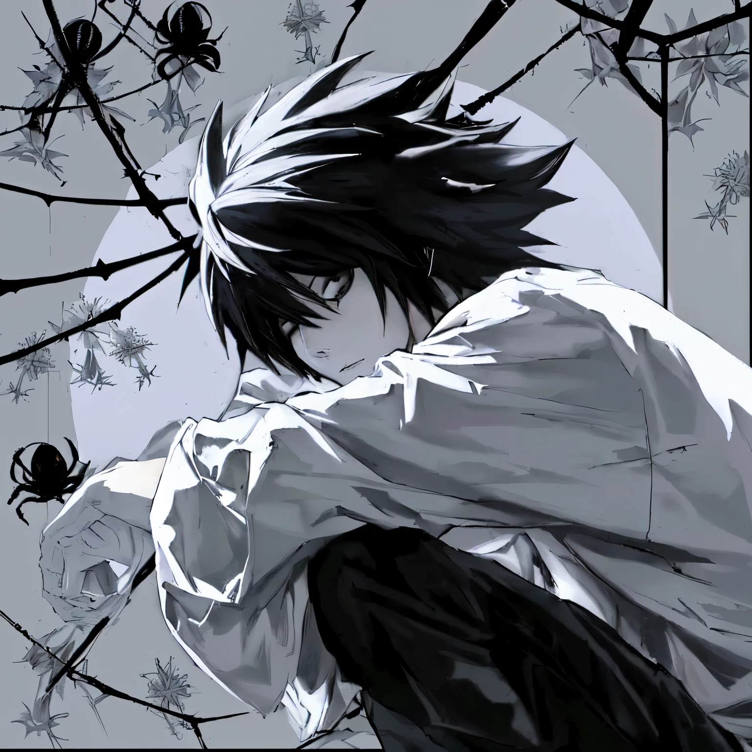 anime boy with black hair and white shirt sitting in front of a full moon, l · lawliet, death note, death note style, goth cross , monochrome artwork!!, anime!!!!, anime!!!!!!!!!!!!!!!, anime wallaper, anime wallpaper, anime arts, fan art, shinigami, hd anime wallpaper, anime!!!, manga”, spyder, spyder web, 