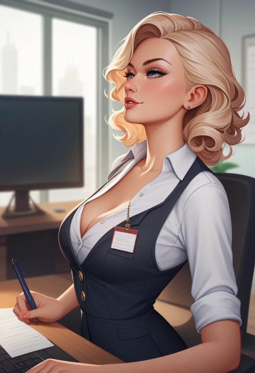 High quality,  high resolution, bodyshot, 1 girl, curly medium hair, light blonde hair with dark brown tips, medium size breasts, average body, attractive face, beautiful face, ceo of a big company, professional attire, office, boss, dominant, leading the way, in charge, confident, rich, cleavage 