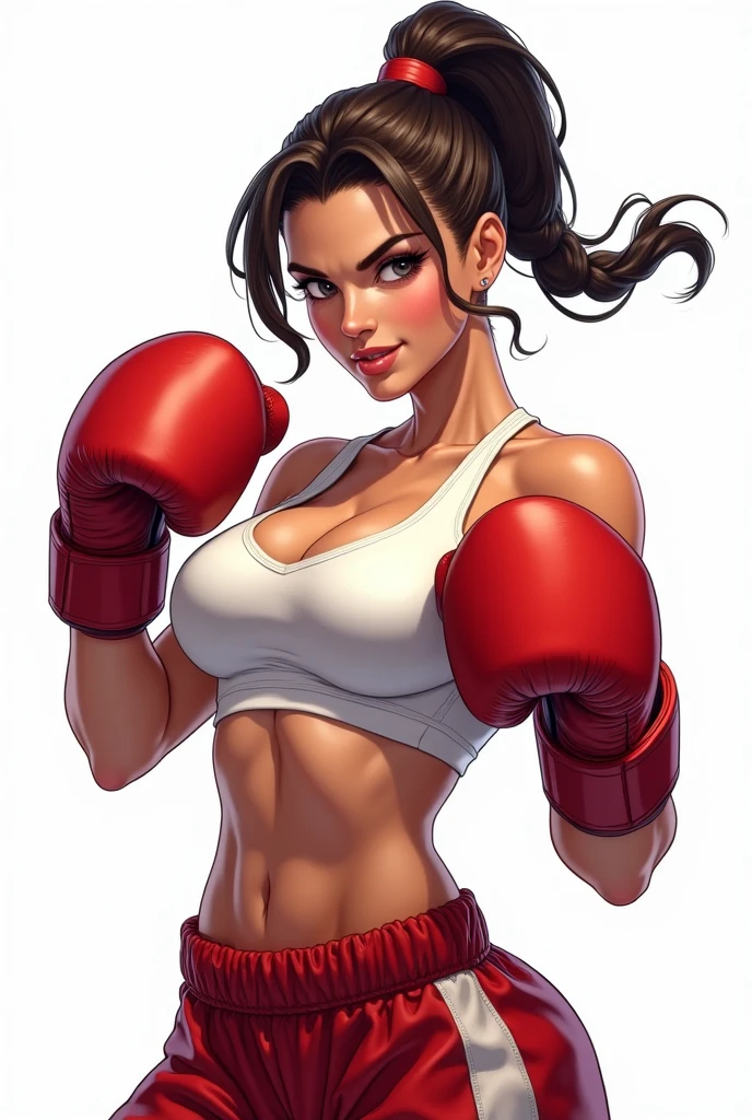 Boxer getting ready for fight, upper body, boxing ring background, spotlights, red gloves, black hair, brown eyes