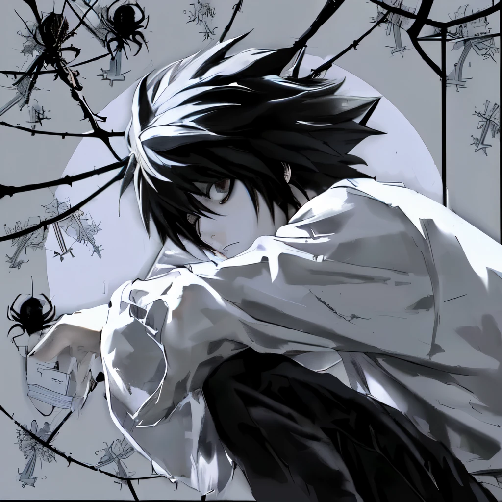 anime boy with black hair and white shirt sitting in front of a full moon, l · lawliet, death note, death note style, goth cross , anime wallaper, anime wallpaper, anime arts, fan art, hd anime wallpaper, anime!!!, manga”, spyder, spyder web, 