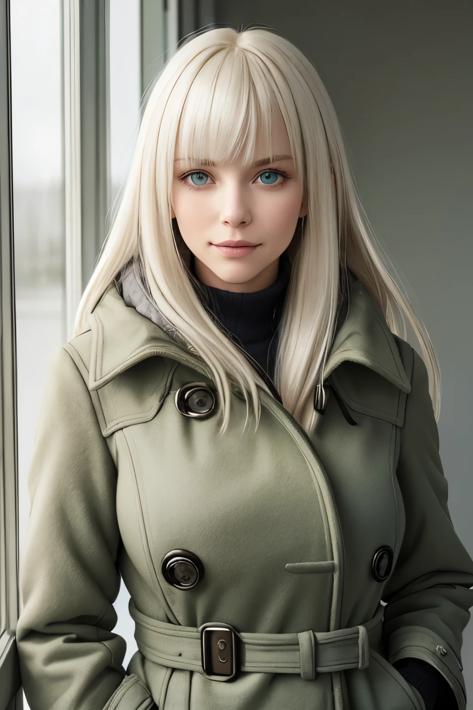 masterpiece, best quality, portrait, 1lady, solo,  casual, long hair, minimal makeup, natural fabrics, blue duffel coat, 
cargo pants,  (smile:0.8), home, looking forward, looking towards camera, front view, full front view face, forward portrait, looking at camera portrait, big breasts, long light platinum blonde hair, bangs, green eyes, closed mouth