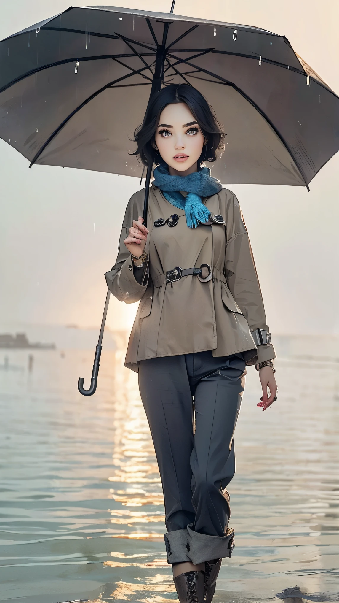 24 year old dark skinned woman、blue eyes、blonde、medium long curly hair、Accessorize your wrist、Colorful Scarf Tie Blouse((scarf tie blouse))、raincoat,loose grey fashionable pants, short hair, at the sea side, boots, umbrella, rain