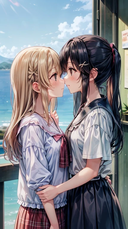  two girls、キスをしている two girls、Hill with a view of the sea