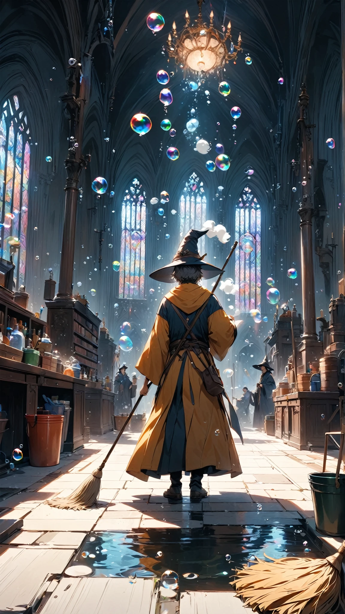 score_9, score_8_up, score_7_up, score_6_up, masterpiece, best quality, 4k, high res, 1boy, solo, extreme wide shot, a wizard cleaning, wizard \(boy, glasses, robe, wand, pointy hat, determined, sweating\), (bubble:1.5), water bucket, foam, floating mop, floating duster, floating broom,