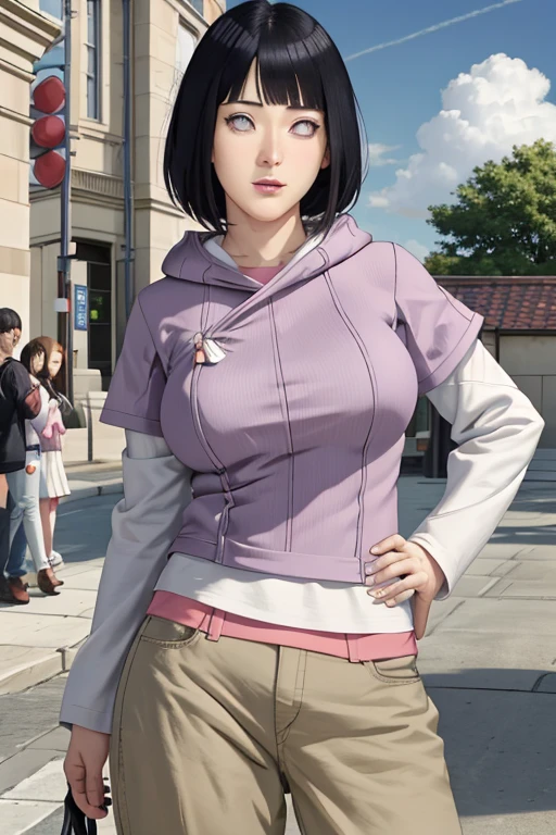 masterpiece, absurdres, hinata\(boruto\), 1girl, solo,mature female, high waist short skirt, looking at viewer, perfect composition, detailed lips, big breast, beautiful face, body propotion, blush, (pink lips), long hair, purple eyes, soft gaze, super realistic, detailed, photoshoot, realistic face and body,