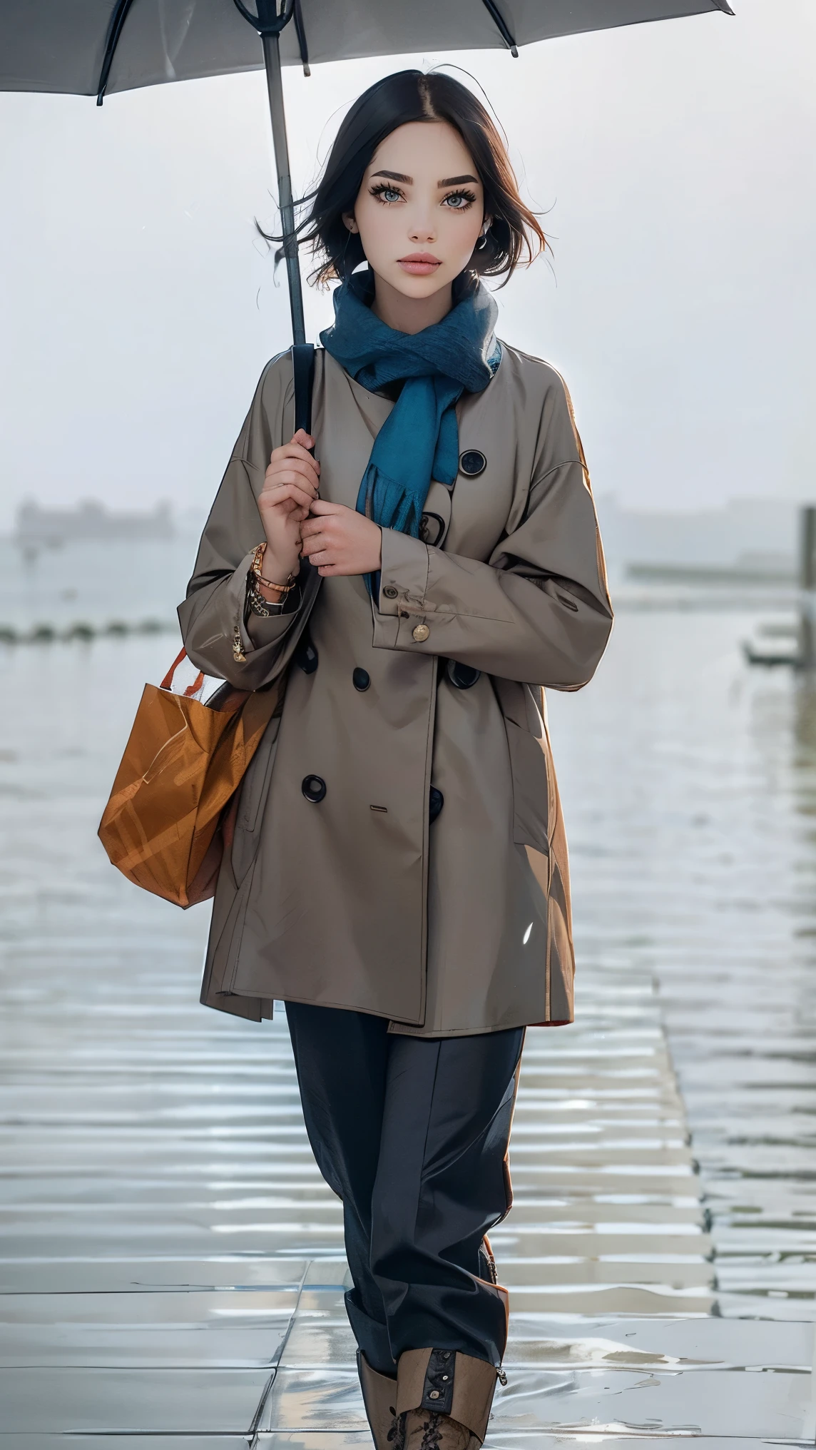 24 year old dark skinned woman、blue eyes、blonde、medium long curly hair、Accessorize your wrist、Colorful Scarf Tie Blouse((scarf tie blouse))、raincoat,loose grey fashionable pants, short hair, at the sea side, boots, umbrella, rain