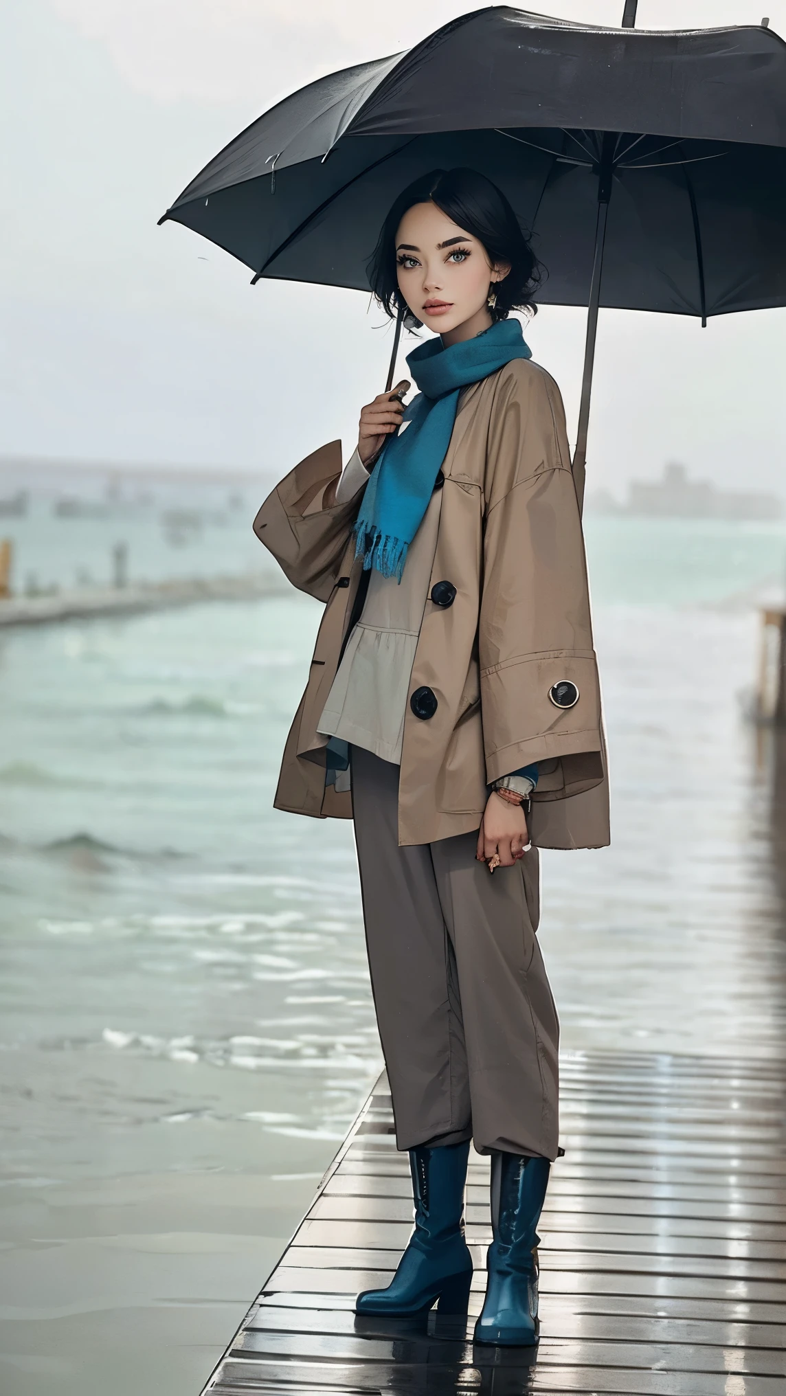 24 year old dark skinned woman、blue eyes、blonde、medium long curly hair、Accessorize your wrist、Colorful Scarf Tie Blouse((scarf tie blouse))、raincoat,loose grey fashionable pants, short hair, at the sea side, boots, umbrella, rain