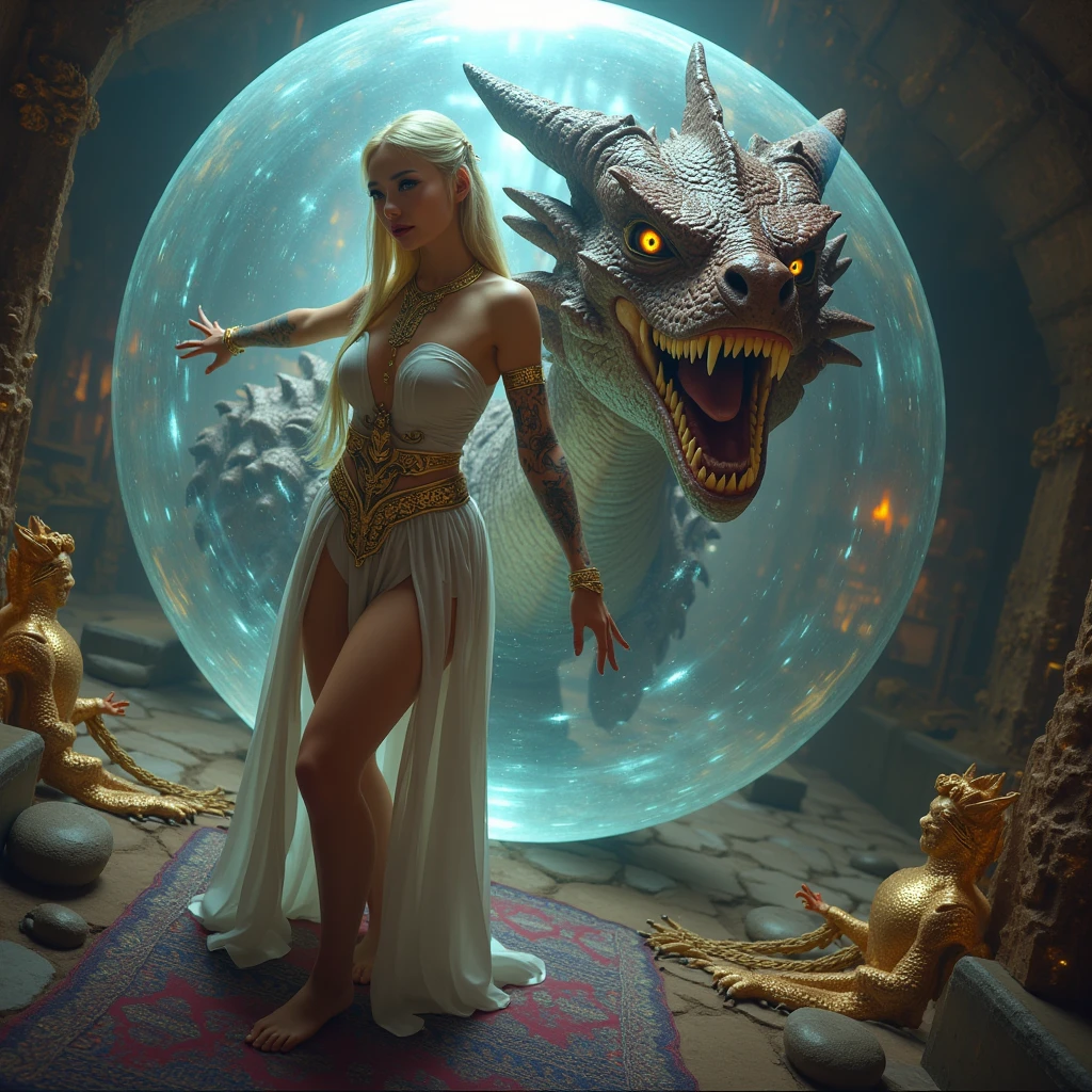 In the heat of the moment, found herself face to face with a dragon🐉, roaring fiercely at her. Startled, she fumbled with the controls and shouted, "World dying!" - Photorealistic fantasy scene from a dream, mature voluptuous scared angel brunette dreds Ethiopian woman, folded filigree feathered wings, just waking up lying in her opulent decorated bed, timid, shy, surprised, angry, sad,, tears, her filigree bed outdoors (drifting floating in the ocean), desperately holding on her filigree lace blanket, partially covered, one firm breast exposed, her long voluminous hair blowing in the strong wind, thunderstorm, (rough sea background, strong swell, snakes circling her bed, heavy rain), tears, stunning captivating bright eyes looking at viewer, waving golden clouds are bed- -- - - choose something